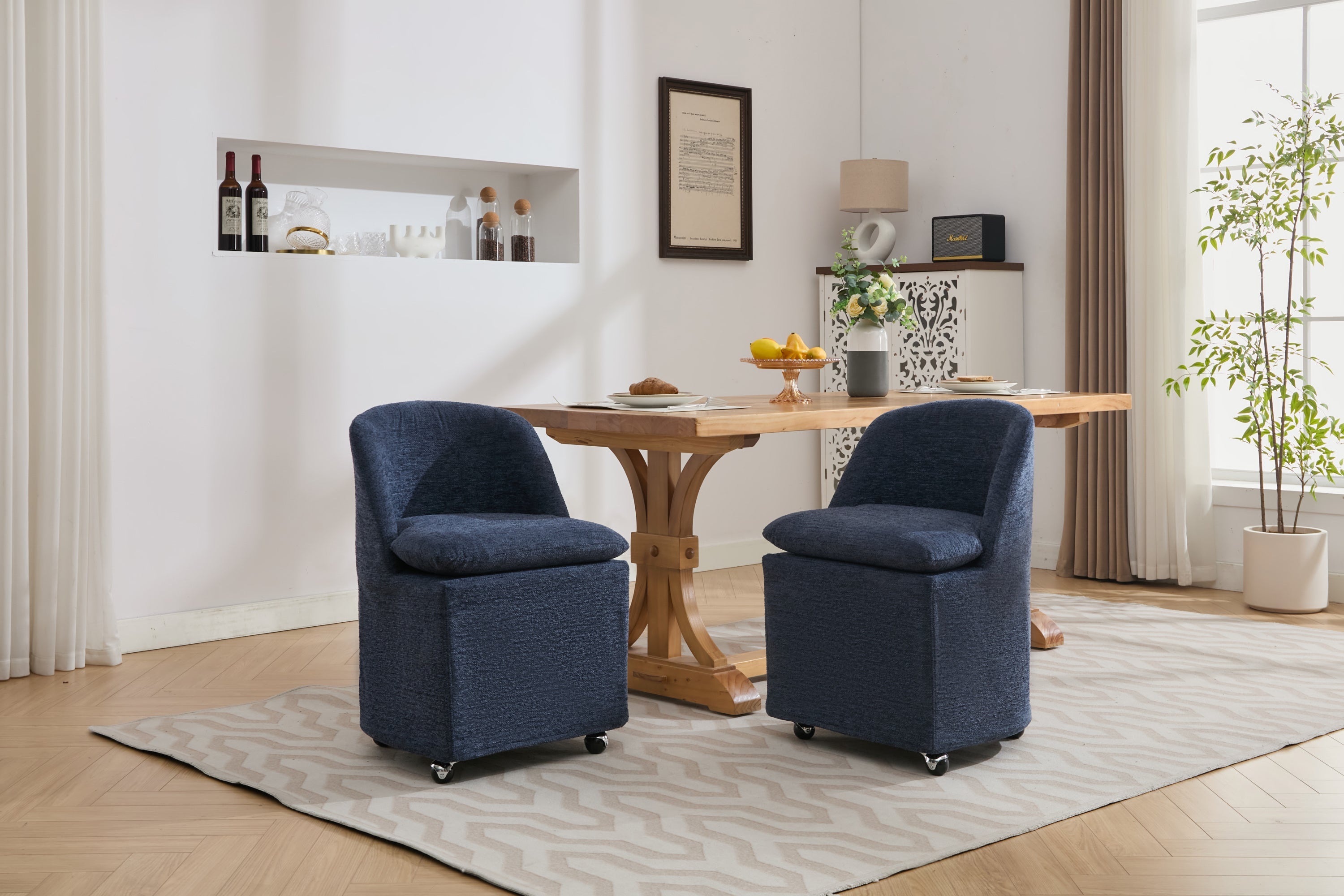 Chenille Fabric Dining Chairs with Universal Wheels