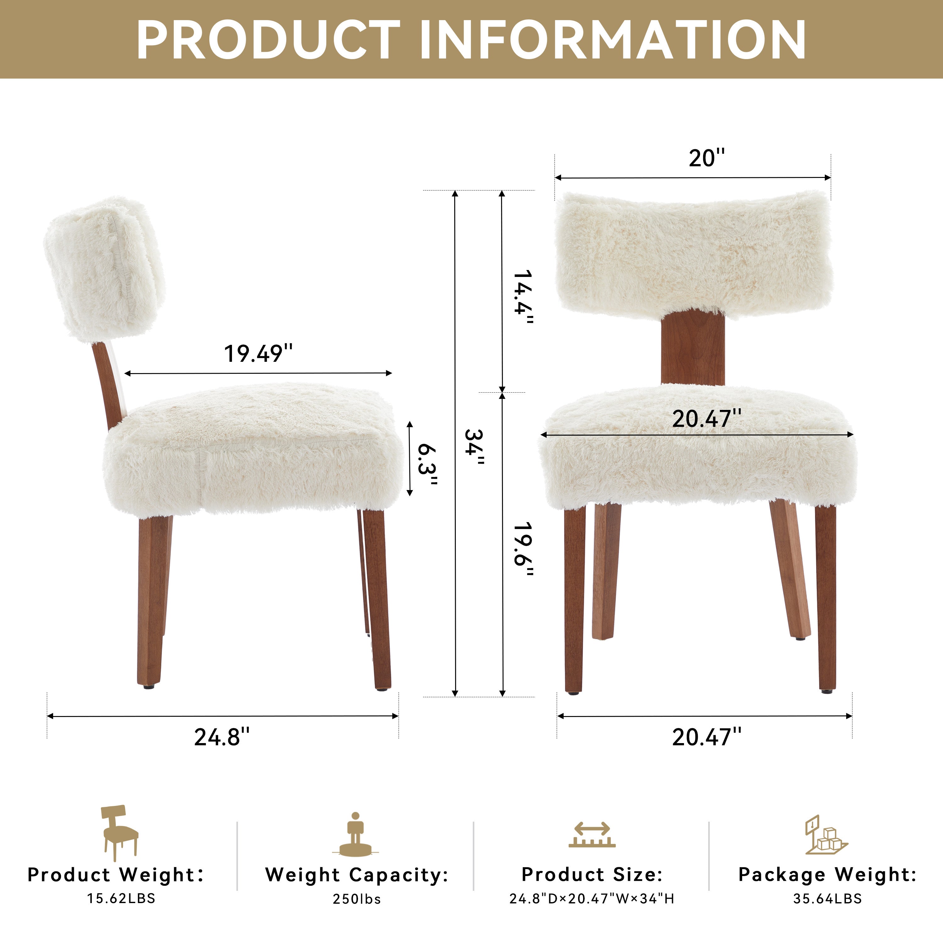 2Pcs  Modern Armless Dining Chairs With Curved Wingback and Solid Wooden Legs