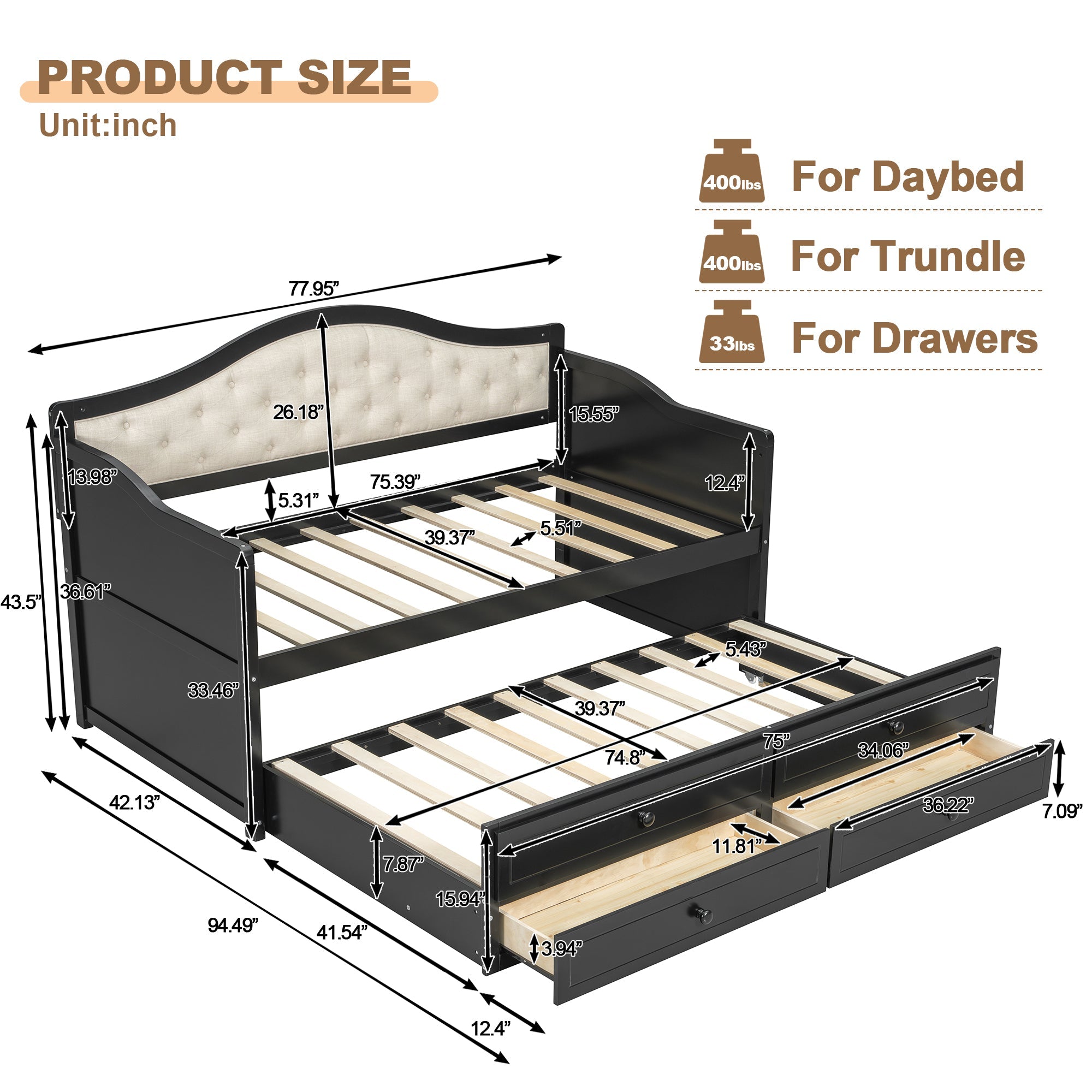 Wooden Twin Sofa Bed with Trundle