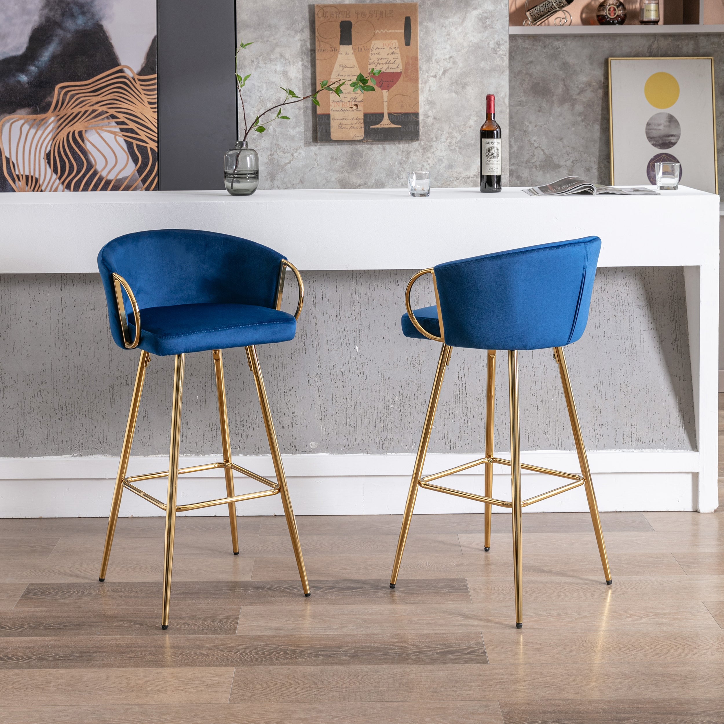 Velvet Bar Stools with Chrome Footrest and Base（Set of 2)