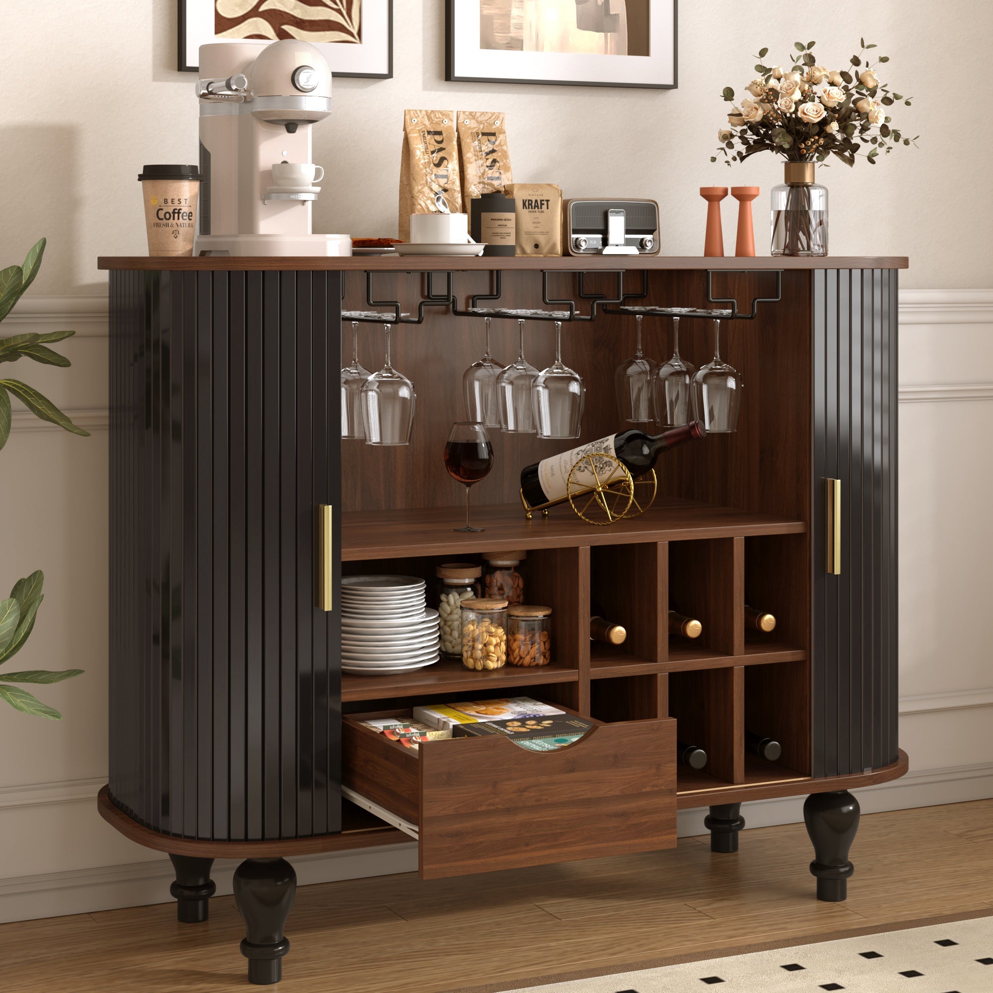 39" Fluted Liquor and Coffee Bar Cabinet with Wine Racks Glass Holders Storage