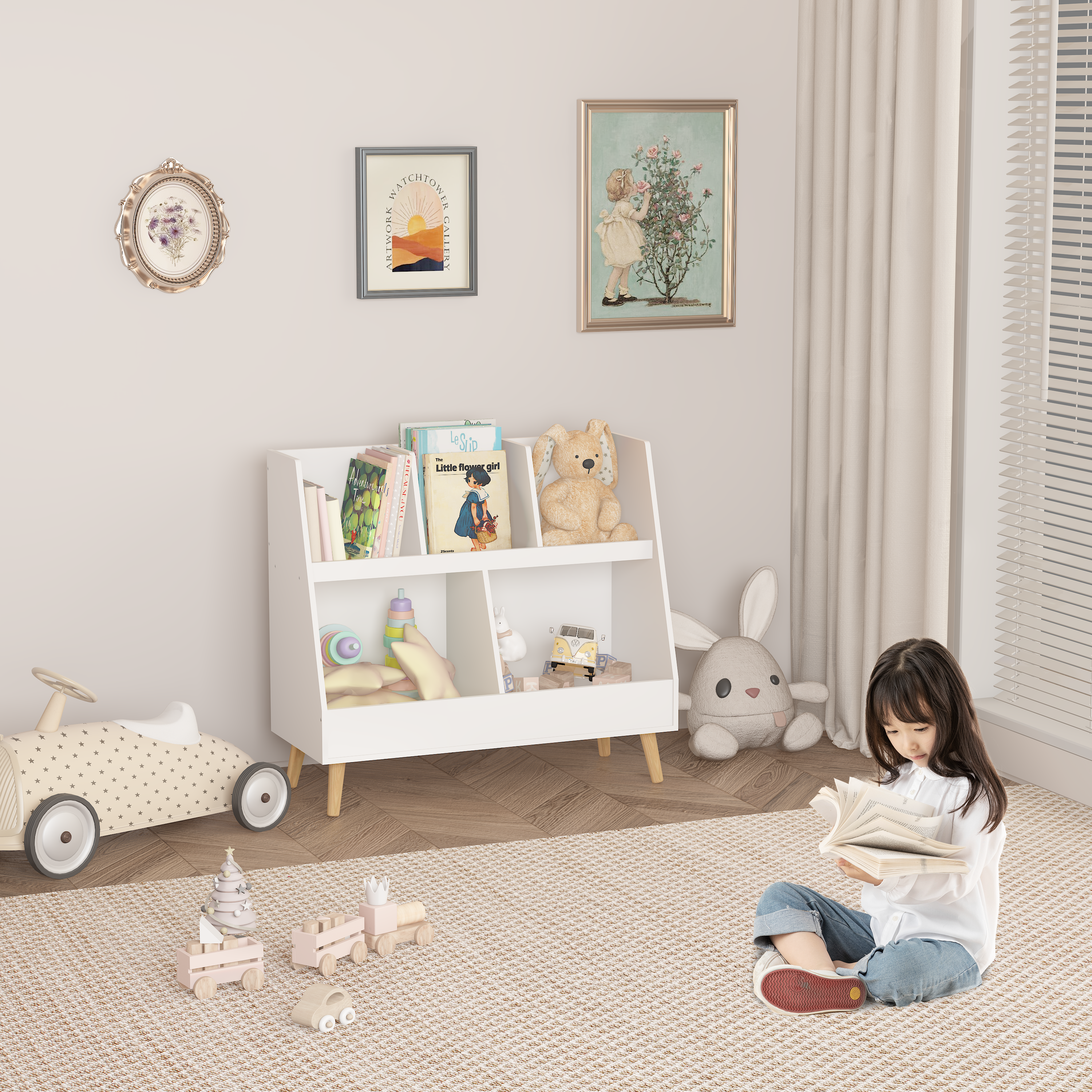 Modern Kids Bookshelf and Toy Organizer with White MDF and Pine Legs