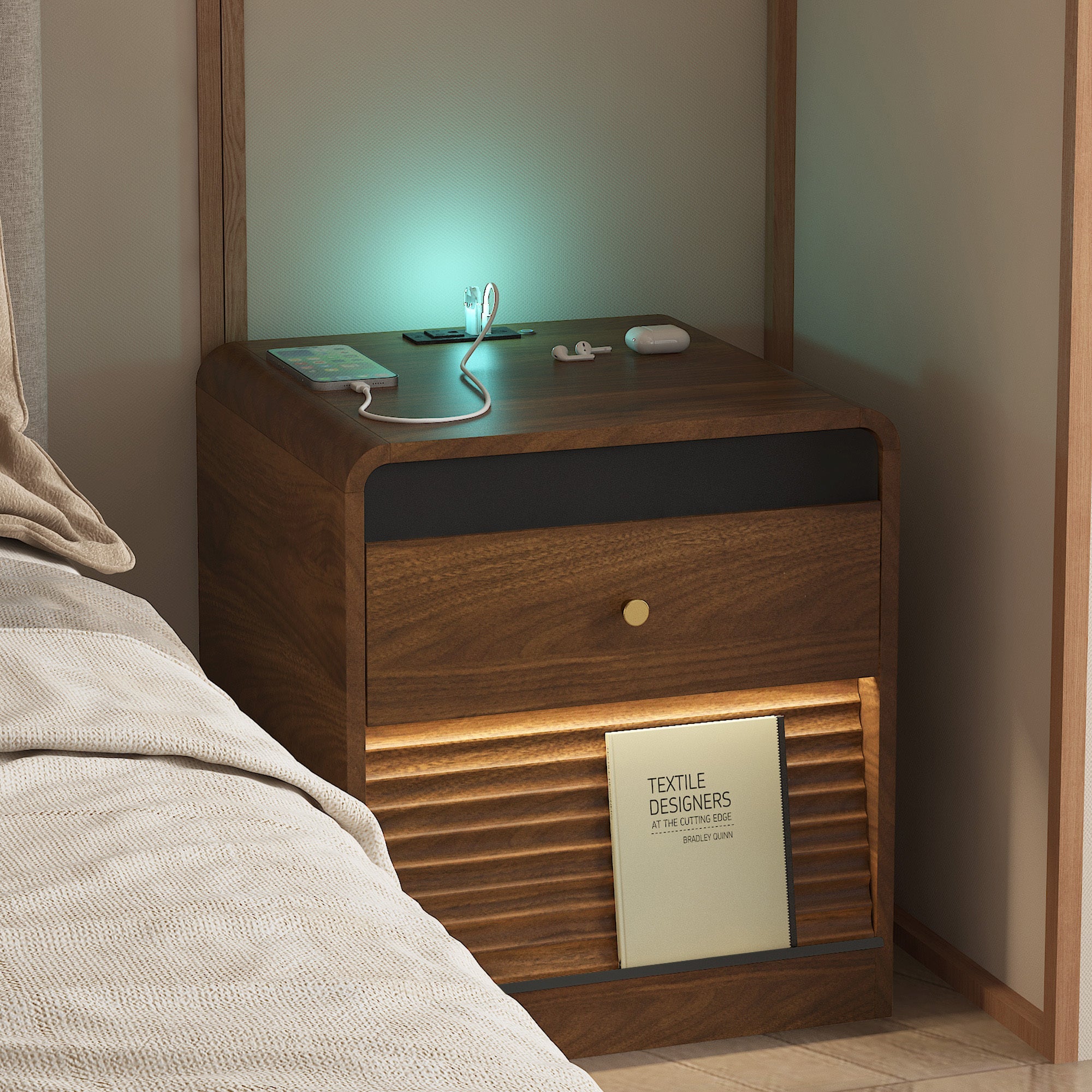 Smart Nightstand with Charging Station & Voice-Controlled LED Lights