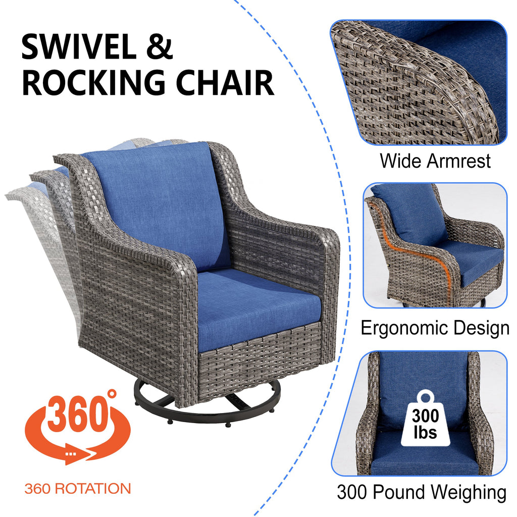 2-Piece Outdoor Wicker Swivel Chairs with Side Table Blue Cushioned Patio Set