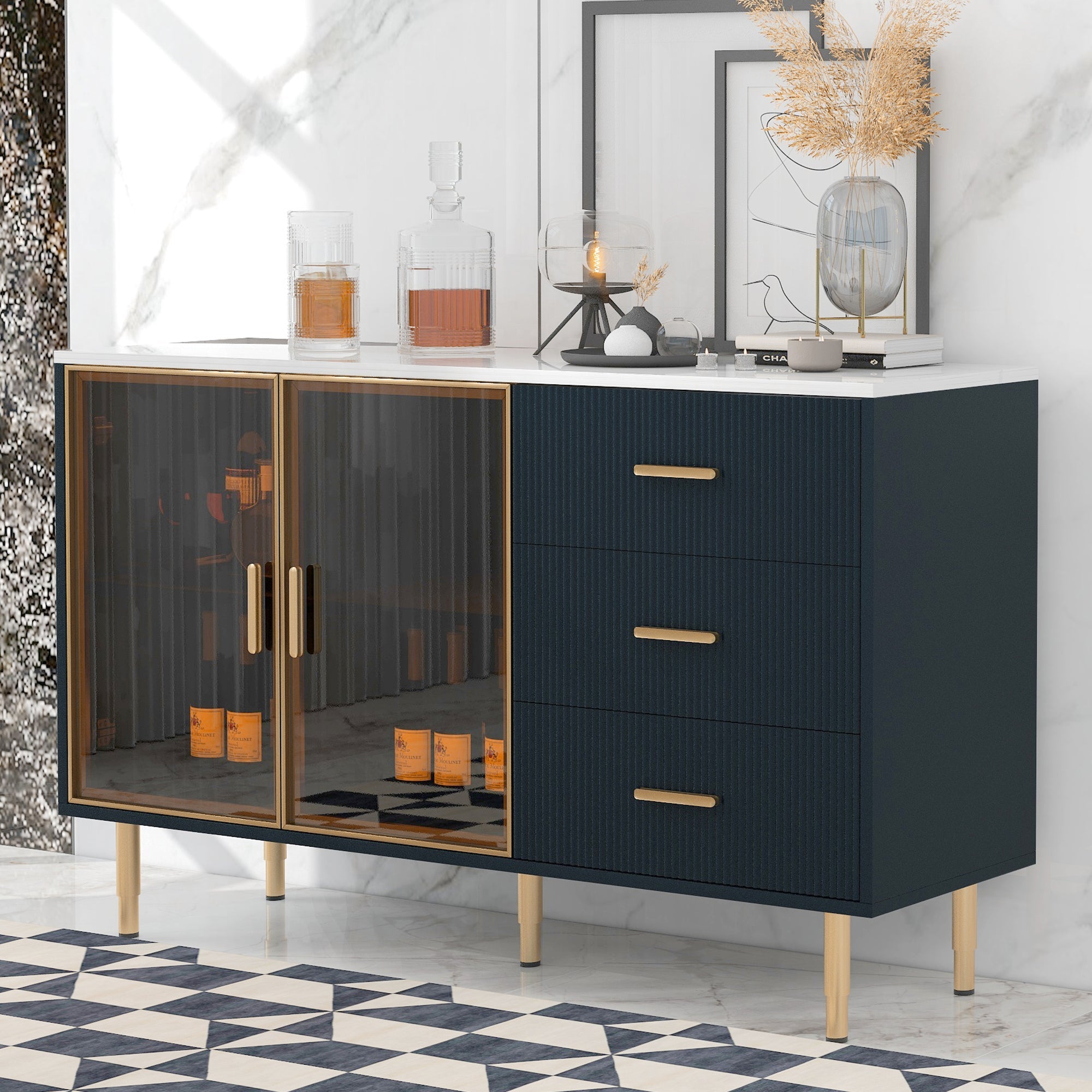 Modern Sideboard MDF Buffet Cabinet with Marble Sticker Tabletop