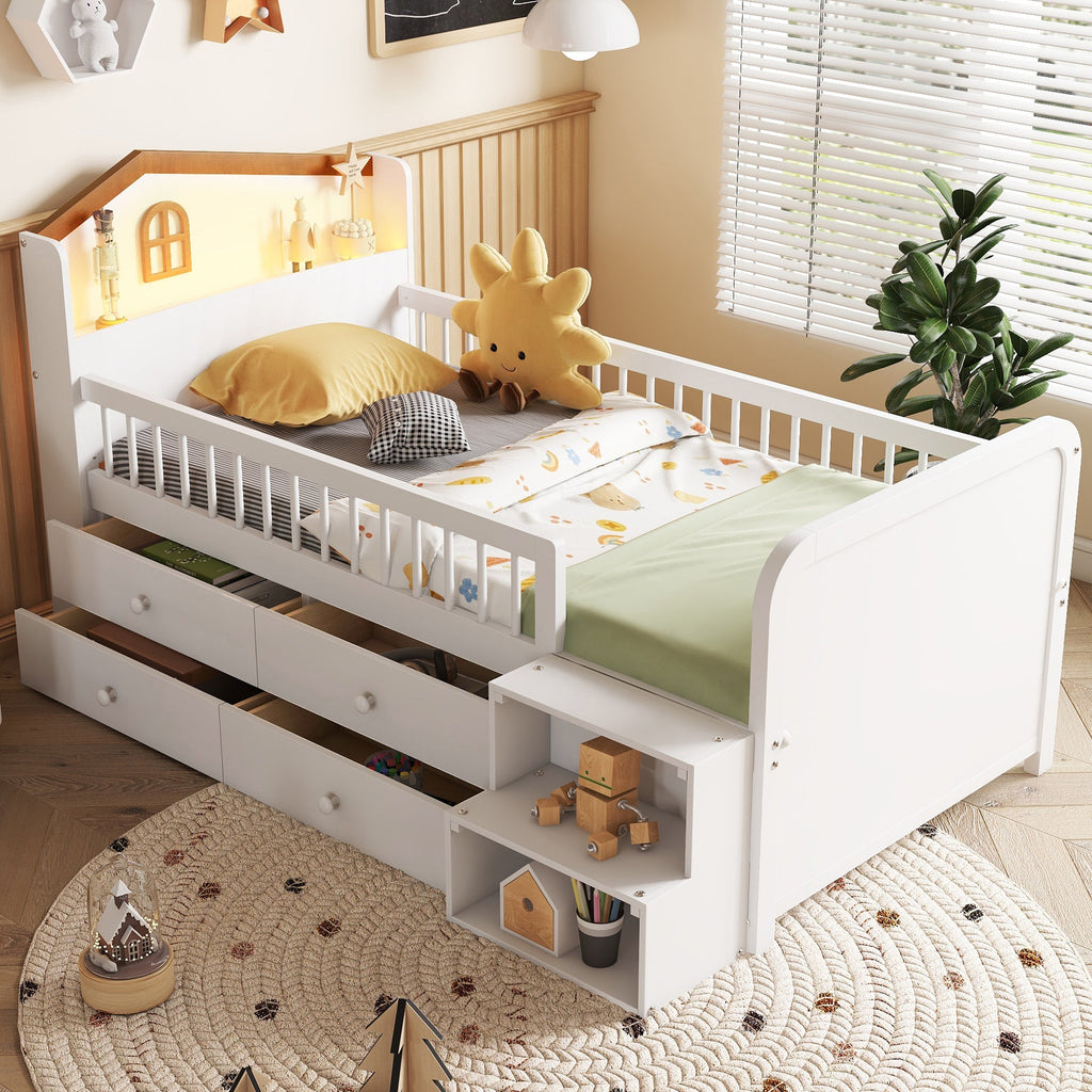 Wooden Twin Loft Bed with House Shape Headboard