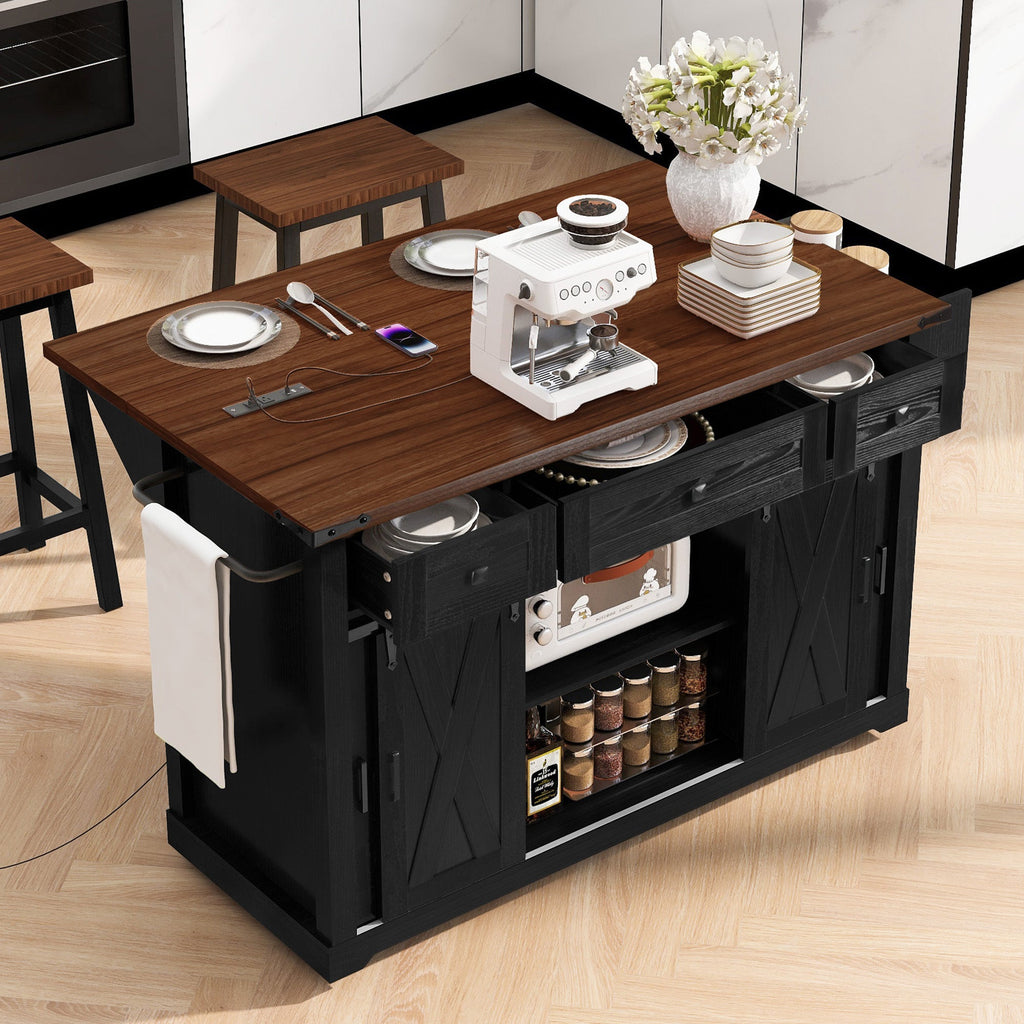 58“ Farmhouse Kitchen Island with Storage Sliding Barn Door Metal Grid Side Door