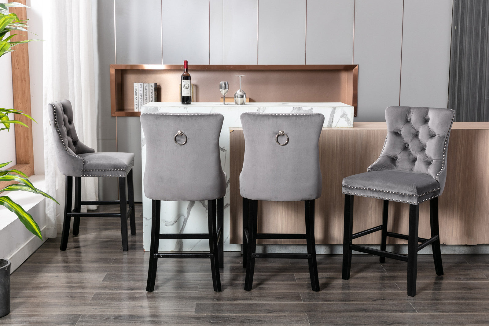 Contemporary Velvet Upholstered Barstools with Button Tufted Decoration (Set of 2)