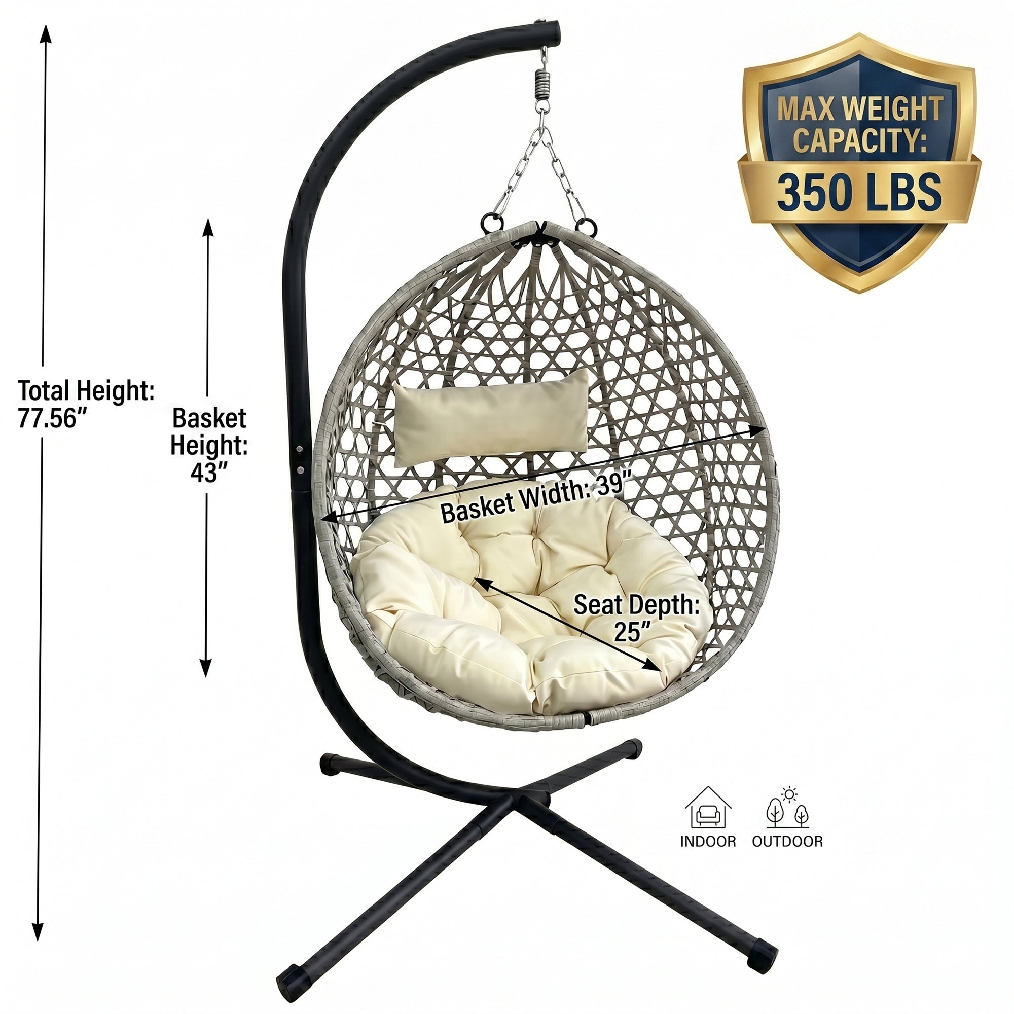 Folding PE Rattan Hanging Egg Chair with Aluminum Steel Frame