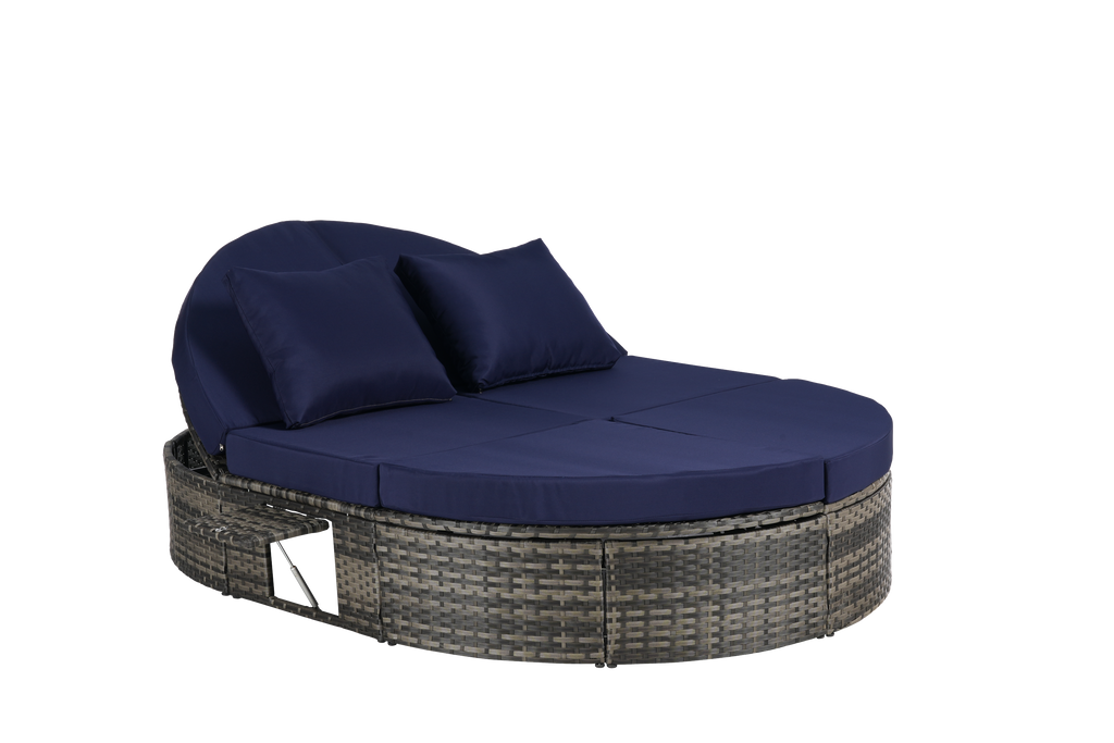 Round outdoor patio daybed with adjustable backrests foldable cup trays and cushioned wicker design ideal for backyard and poolside lounging