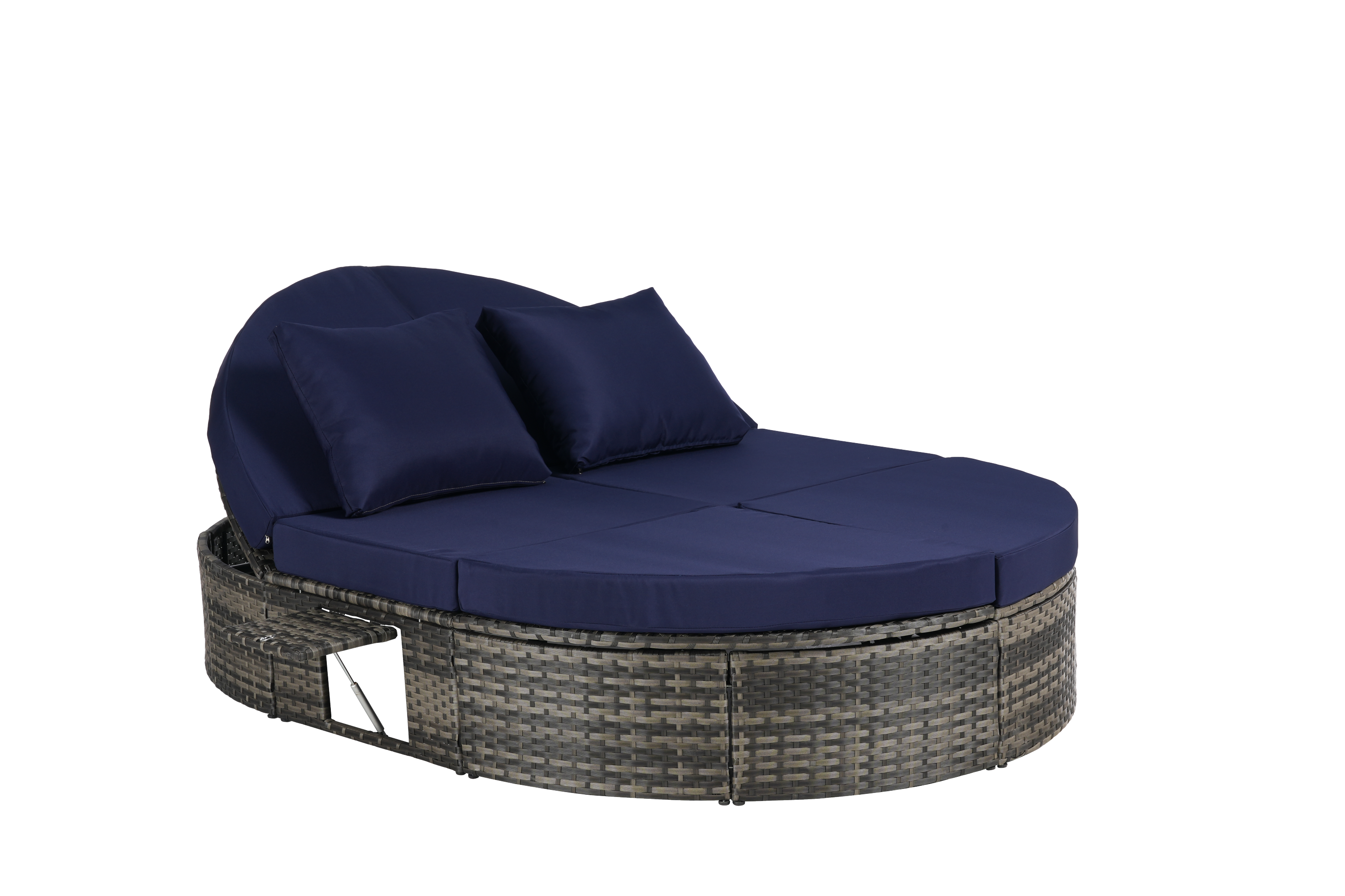 Round outdoor patio daybed with adjustable backrests foldable cup trays and cushioned wicker design ideal for backyard and poolside lounging