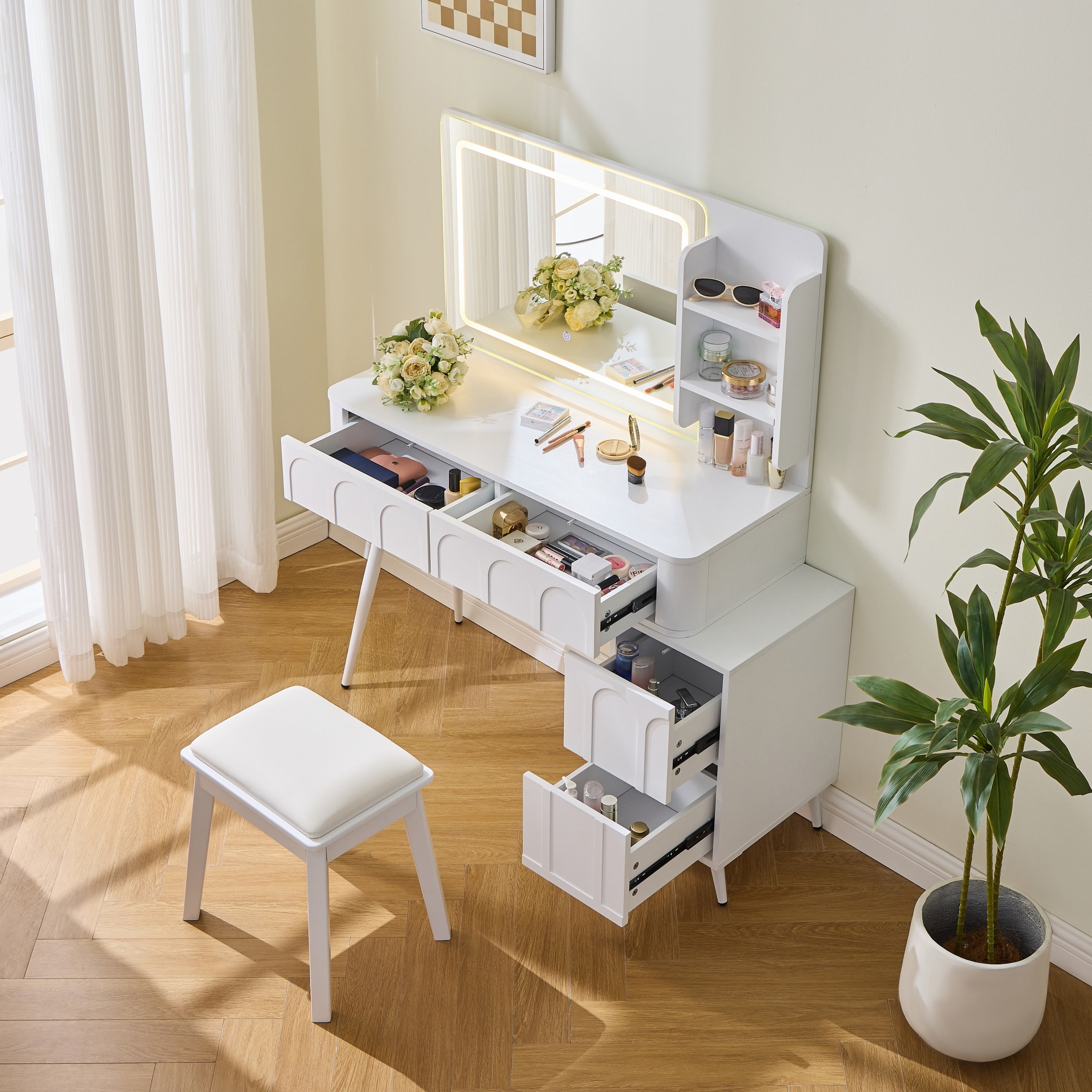 Modern Makeup Vanity Desk with LED Lights and Mirror