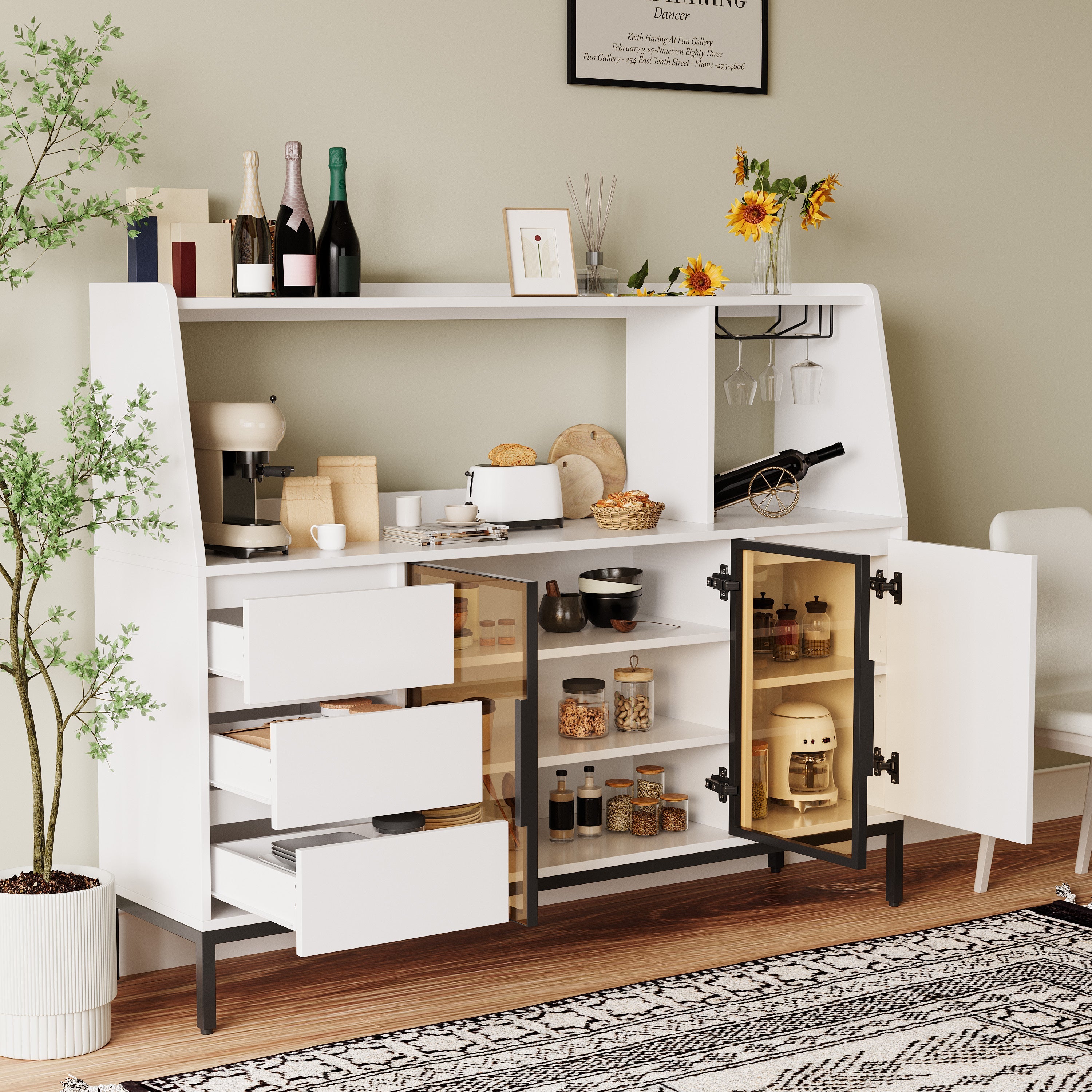 Modern Kitchen Sideboard with 3 Drawers and Glass Door Locker