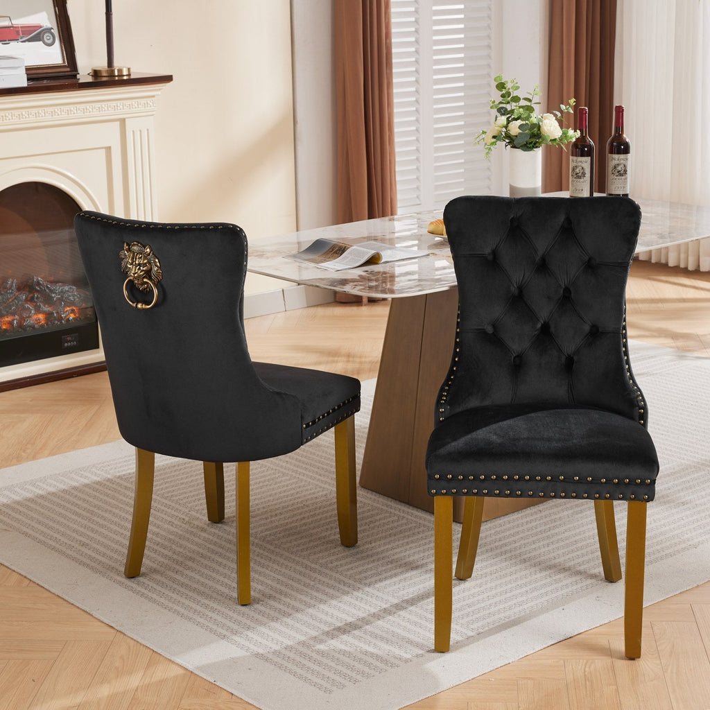 Mid-Century Velvet Dining Chairs with Lion Head Pull Ring (Set of 2)