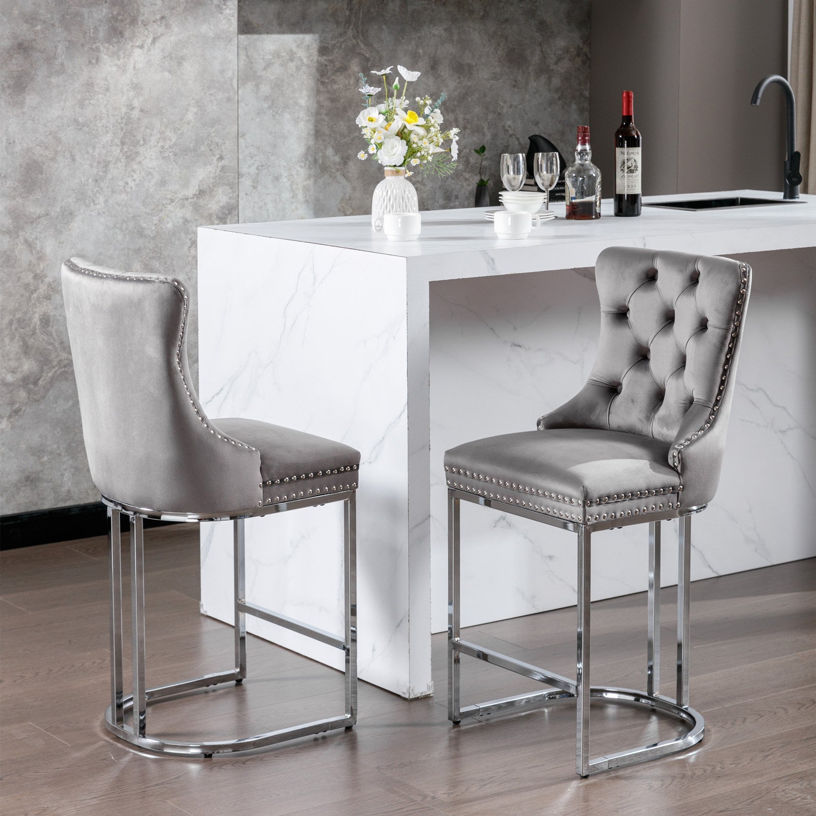 Luxury Elegant Nailhead Trim Tufted Velvet Bar Stools (Set of 2)