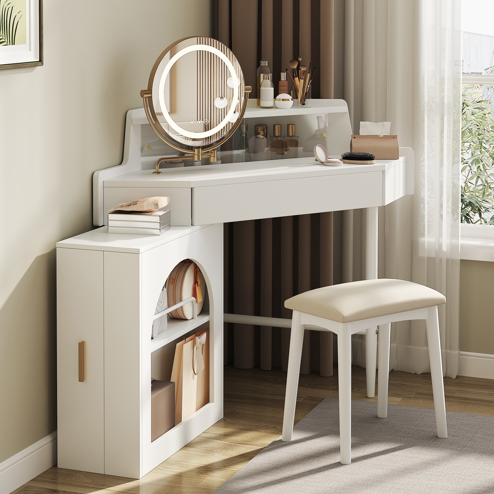 Modern Corner Vanity Set with Mirror and Stool