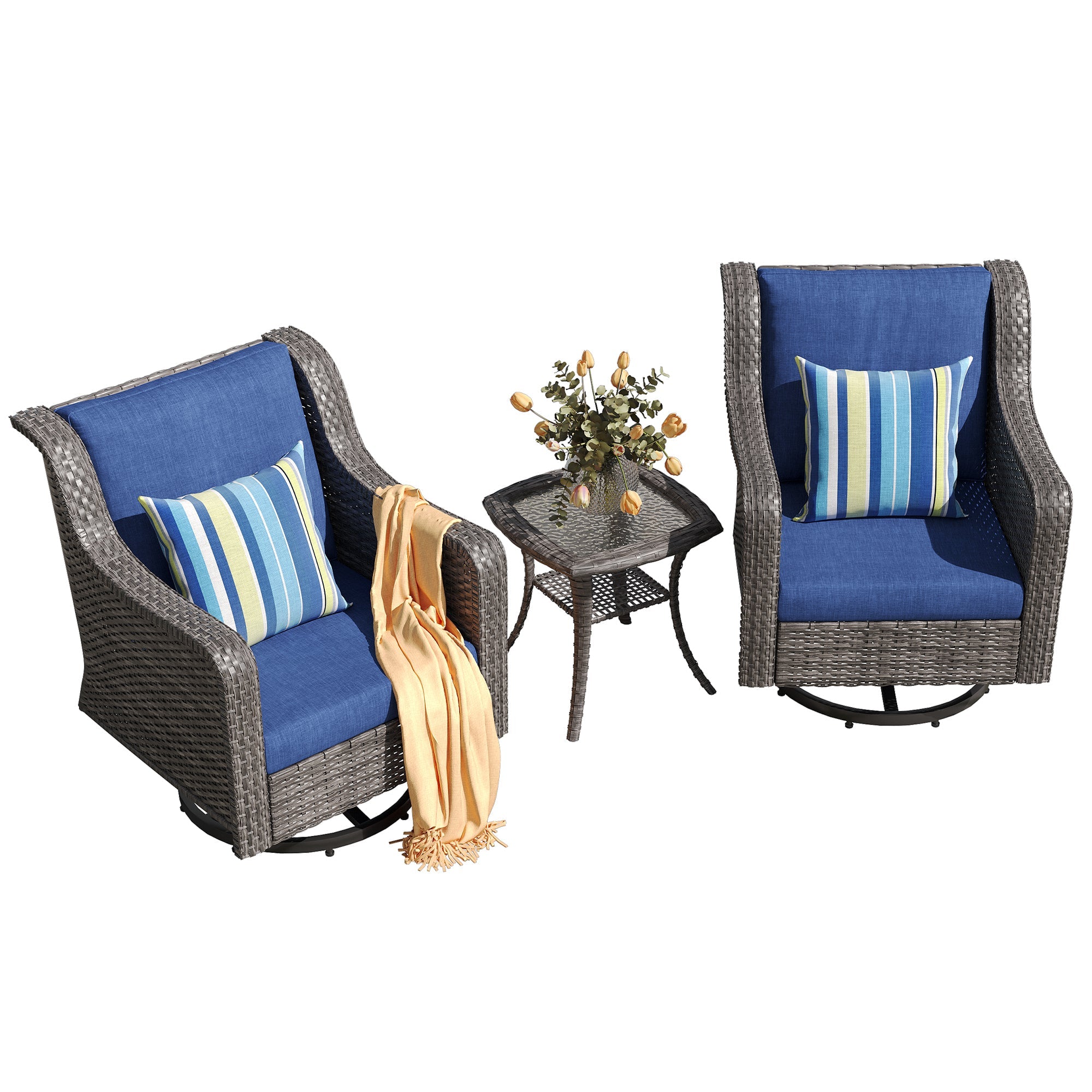 2-Piece Outdoor Wicker Swivel Chairs with Side Table Blue Cushioned Patio Set