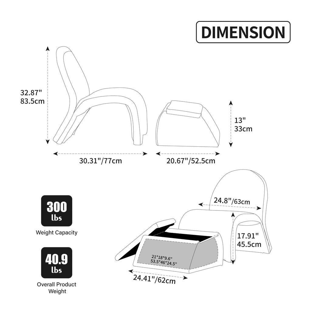 24.8 ' Wide Modern Upholstered Armless Chair with Storage Ottoman