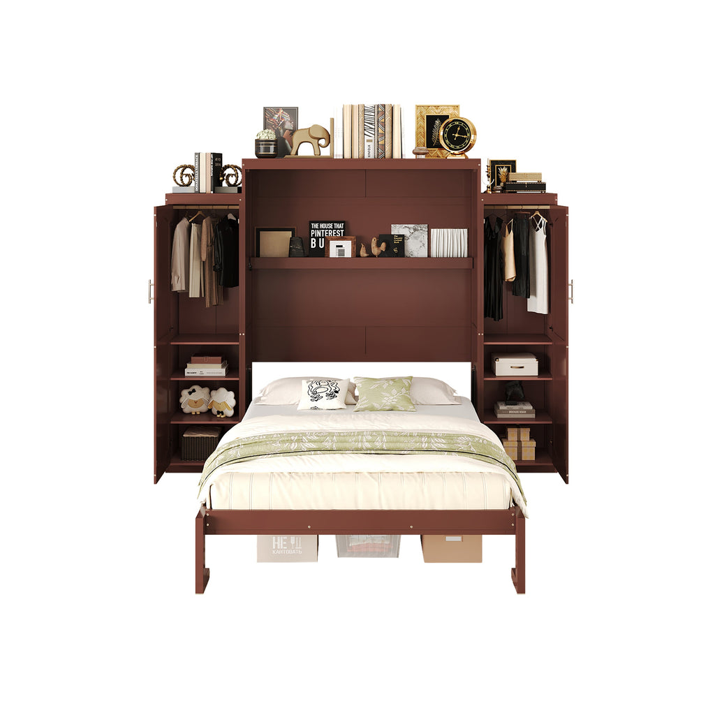 Wooden Queen Wall Bed with 2 Wardrobe and Storage Shelf