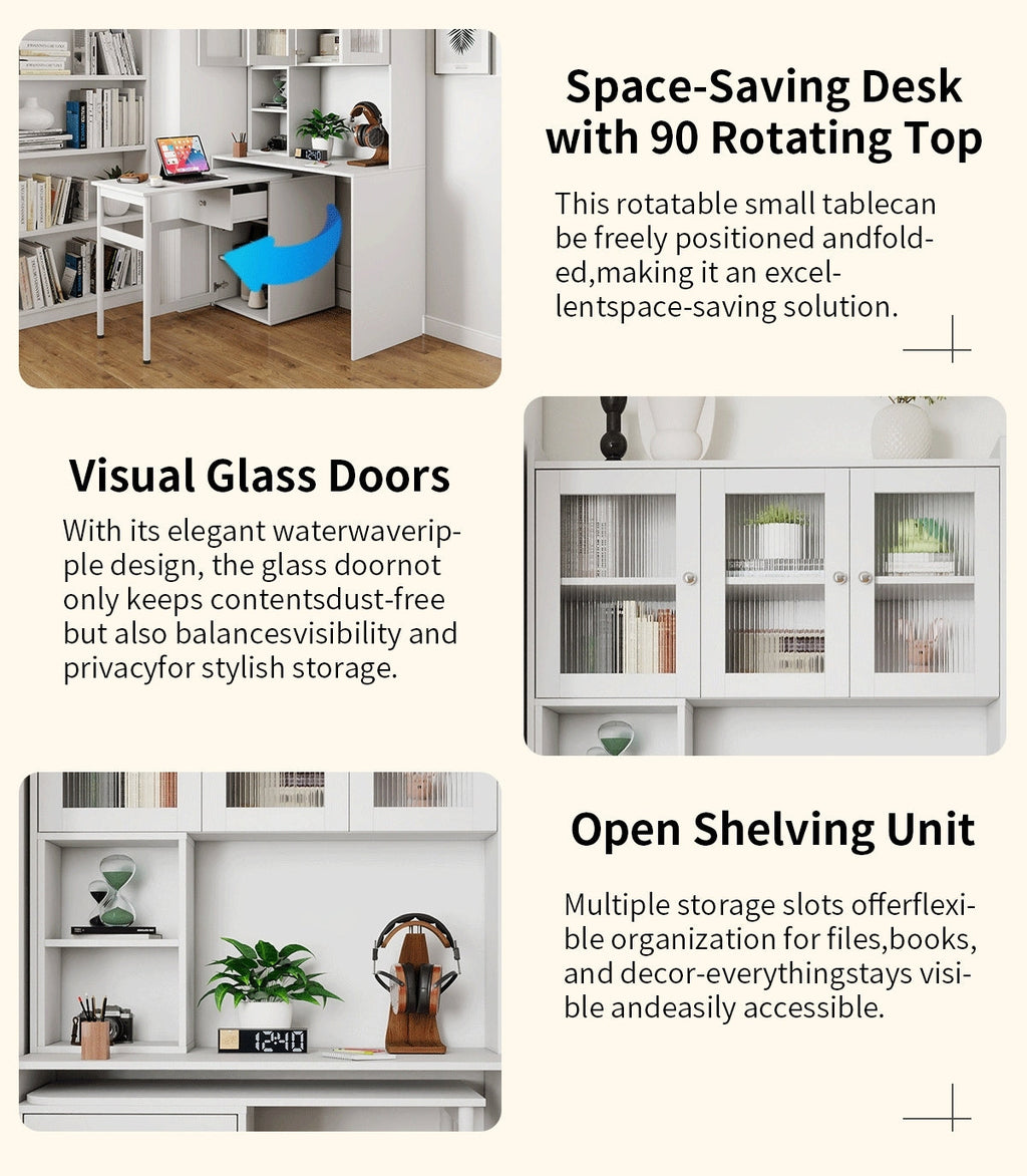 90 Degree Rotating Desktop Computer Desk with Glass Door for Home Office