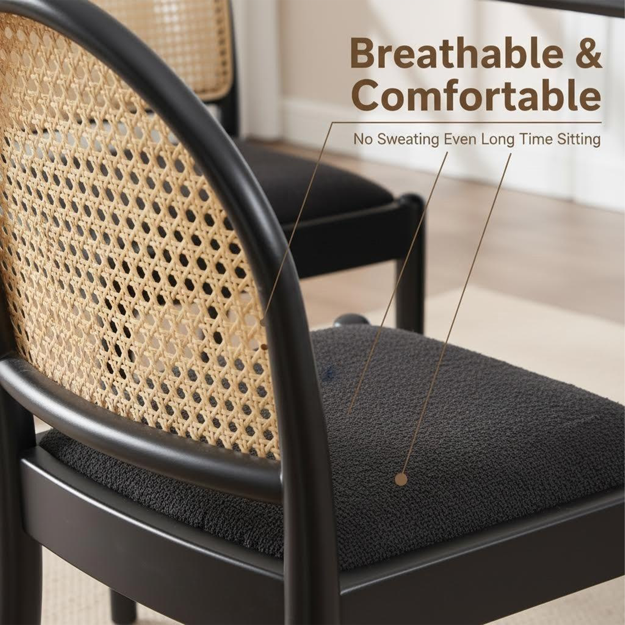 Set of 2 Rattan Dining Chairs Upholstered Linen Modern Wood-Leg Kitchen Chairs