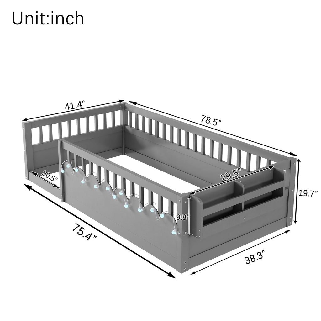 Twin/Full Montessori Floor Kids Bed Frame with High Rails