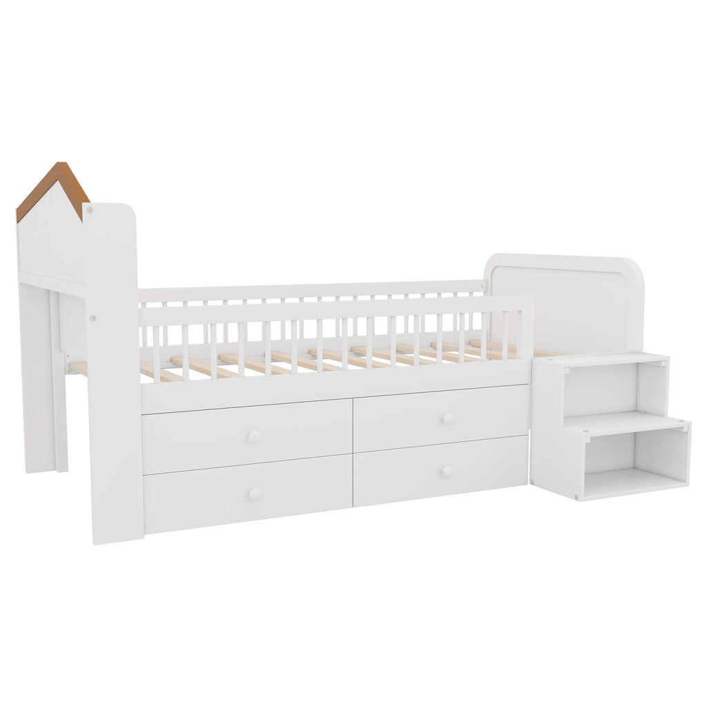 Wooden Twin Loft Bed with House Shape Headboard