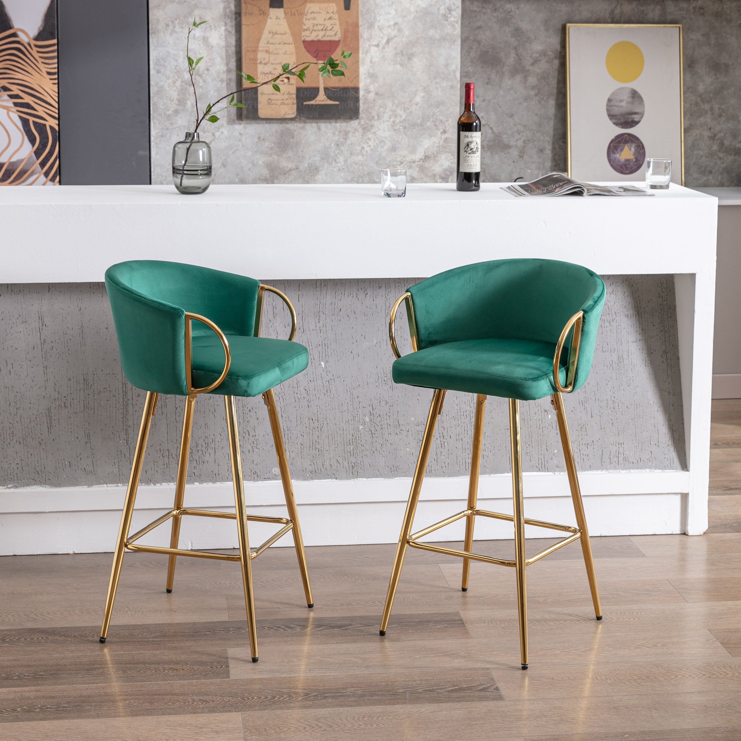 Velvet Bar Stools with Chrome Footrest and Base（Set of 2)