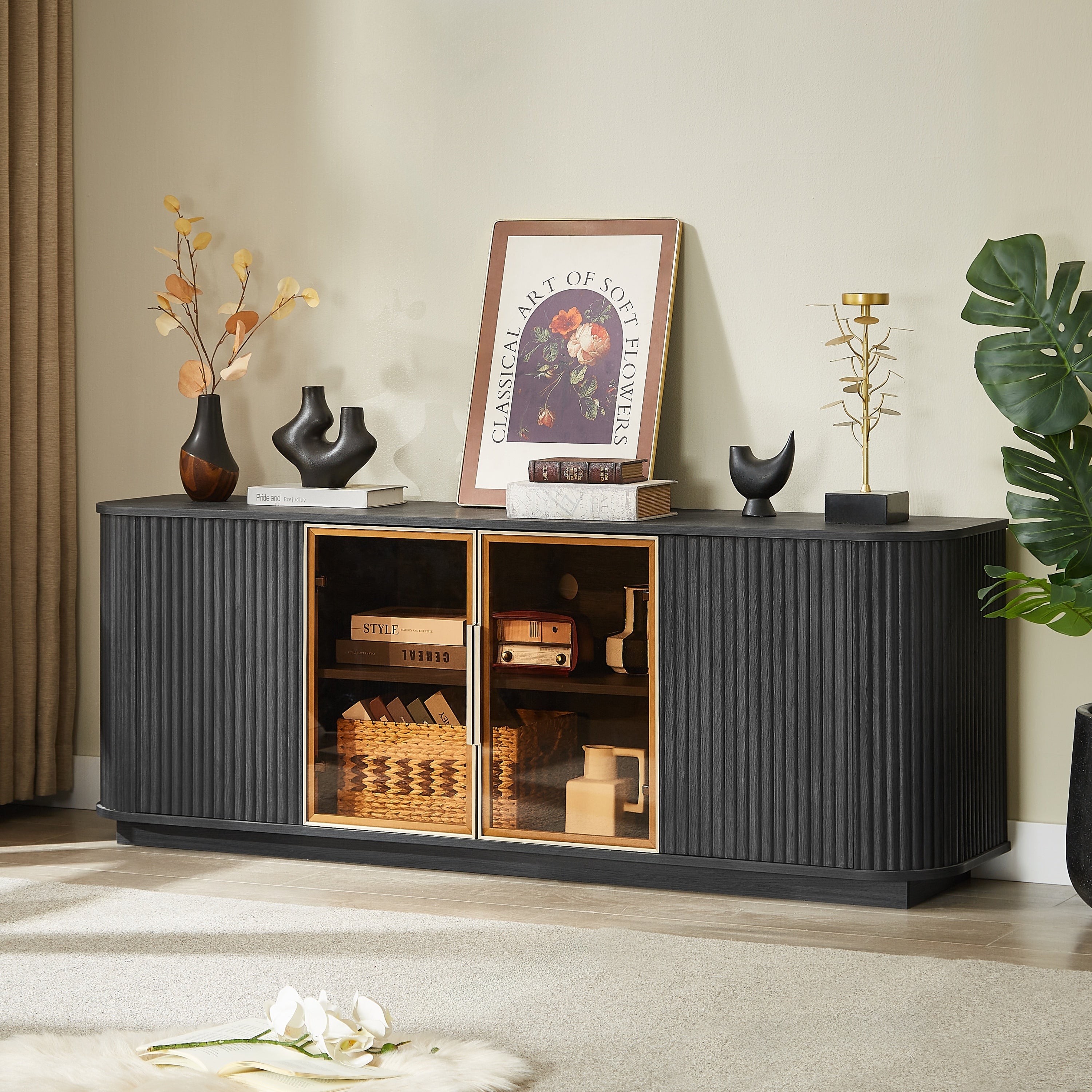 Modern 64-Inch Wavy TV Cabinet with LED Lights