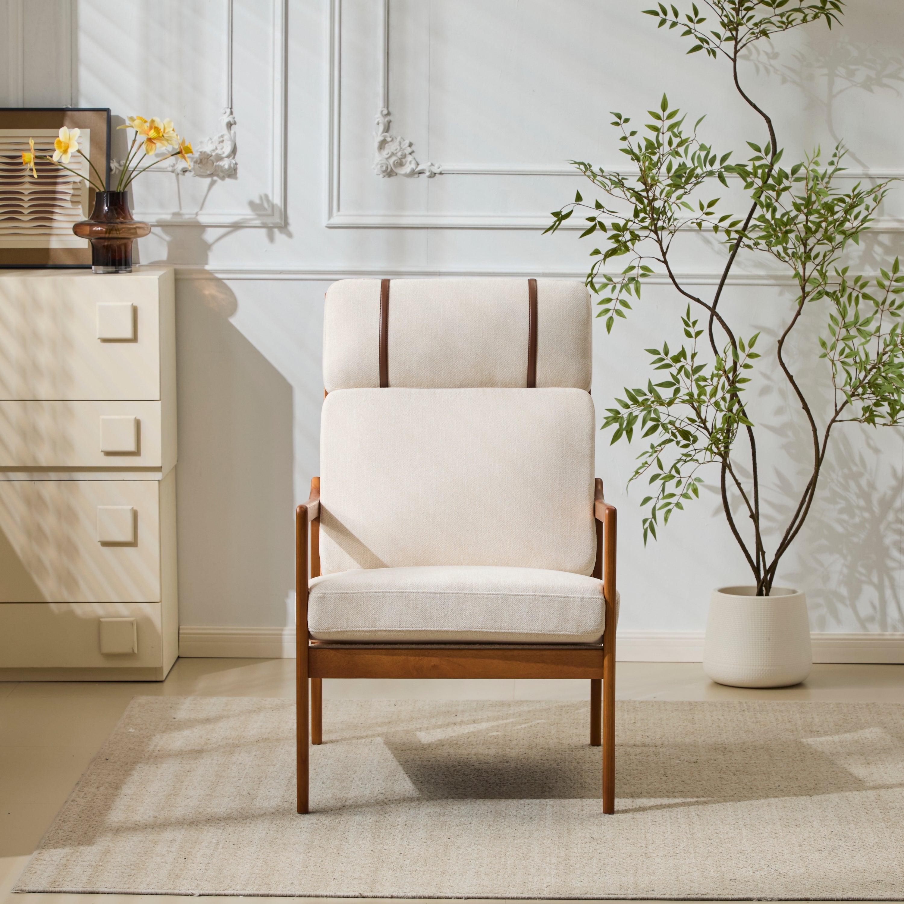 Modern Solid Wood Frame Ergonomic Accent Armchair with High Back