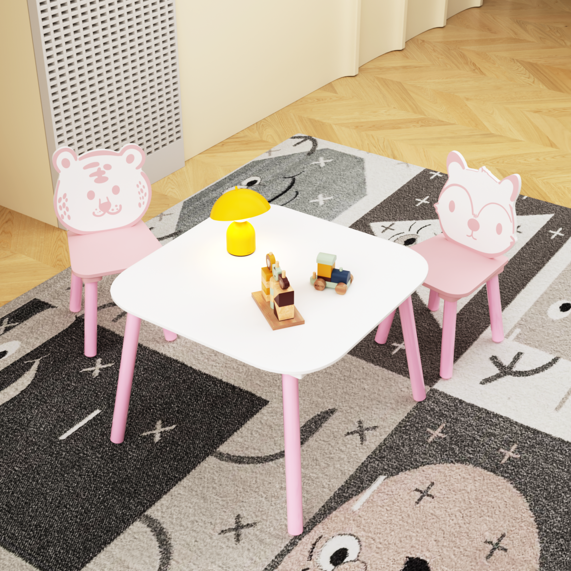 Kids 3-Piece Wooden Toddler Desk with Animal Backrest