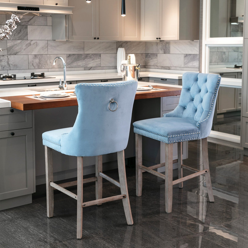 Contemporary Velvet Upholstered Barstools with Button Tufted Decoration (Set of 2)