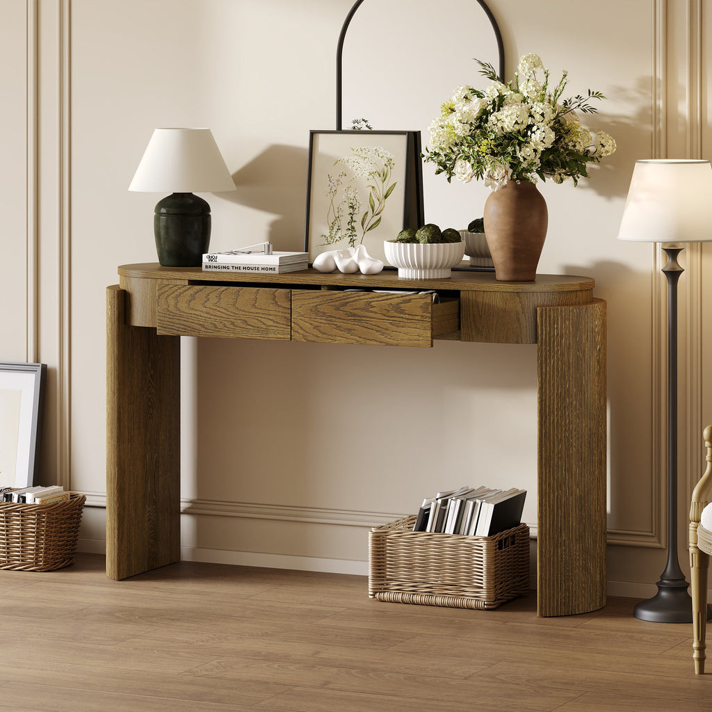 Natural Wood Console Table with Fluted Design