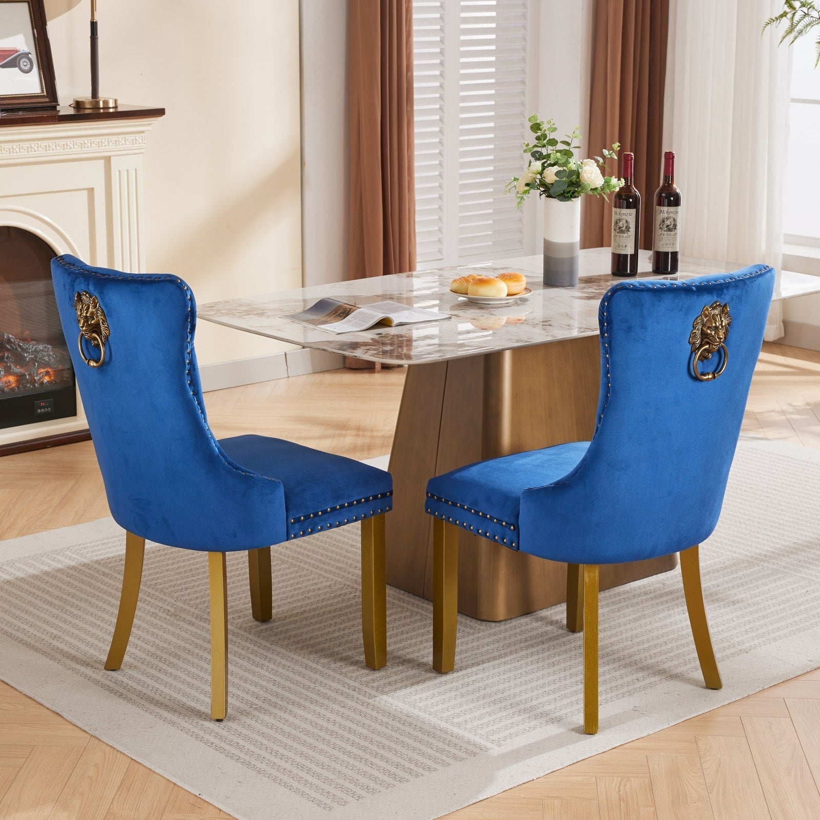 Mid-Century Velvet Dining Chairs with Lion Head Pull Ring (Set of 2)