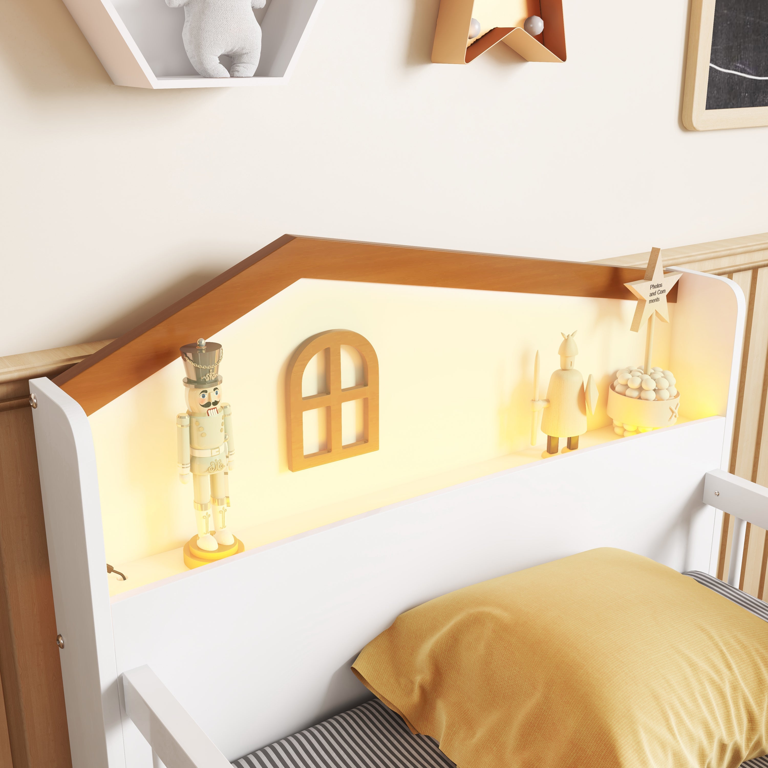 Wooden Twin Loft Bed with House Shape Headboard