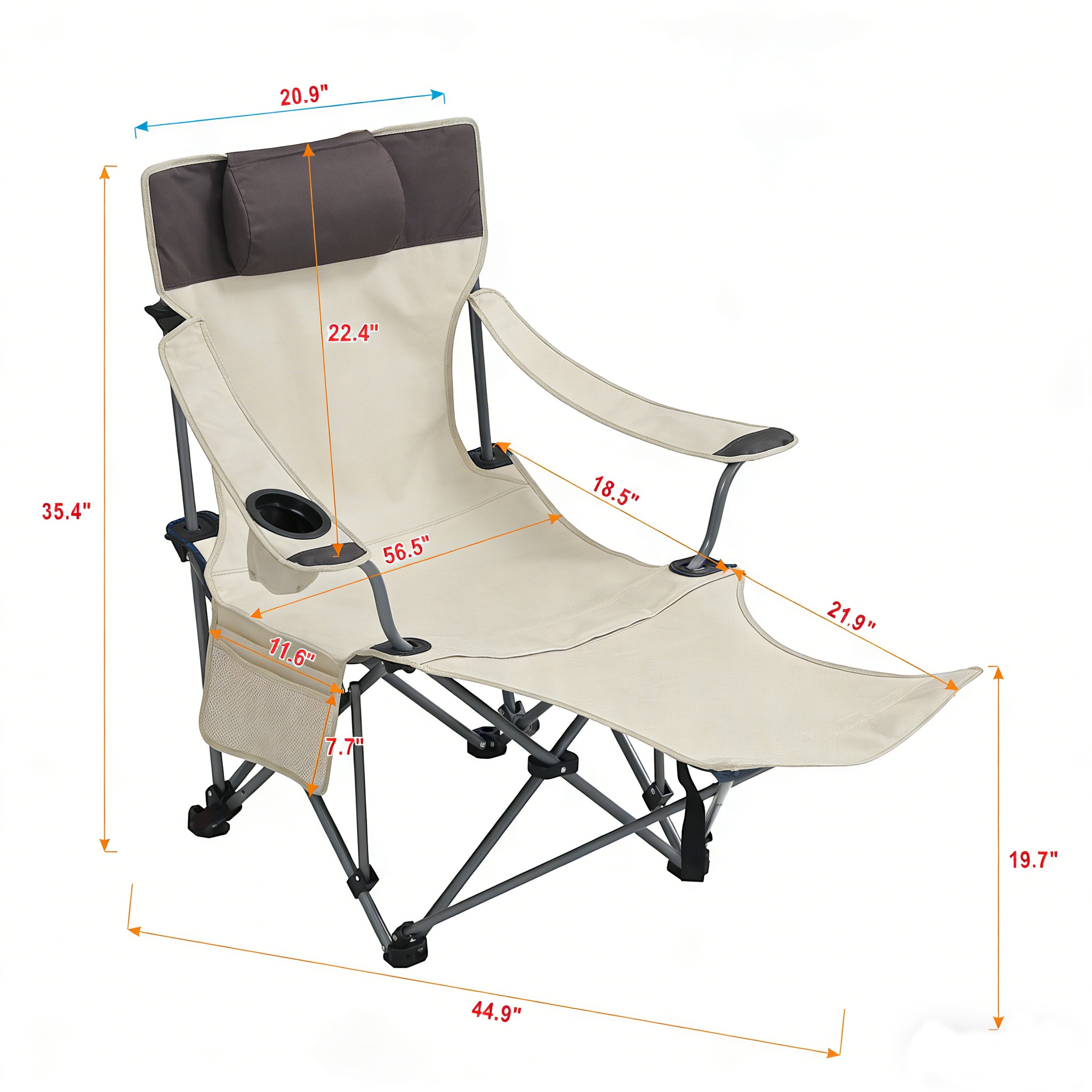 Outdoor Camping Chair Folding Reclining with Side Pockets and Cup Holder