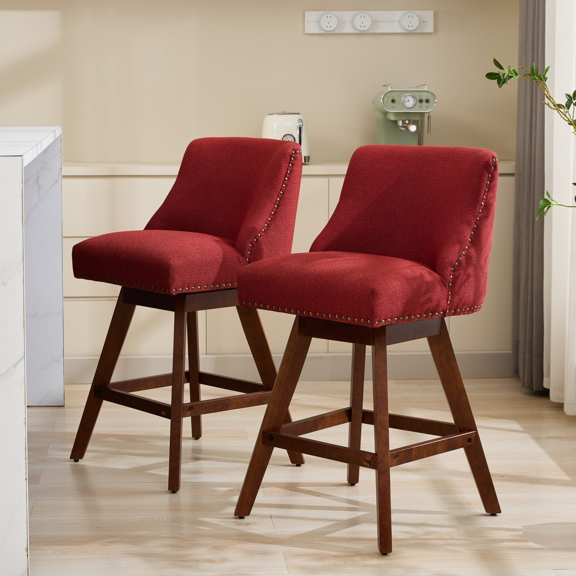 Upholstered Swivel Counter Height Bar Stools with Nailhead Trim (Set of 2)