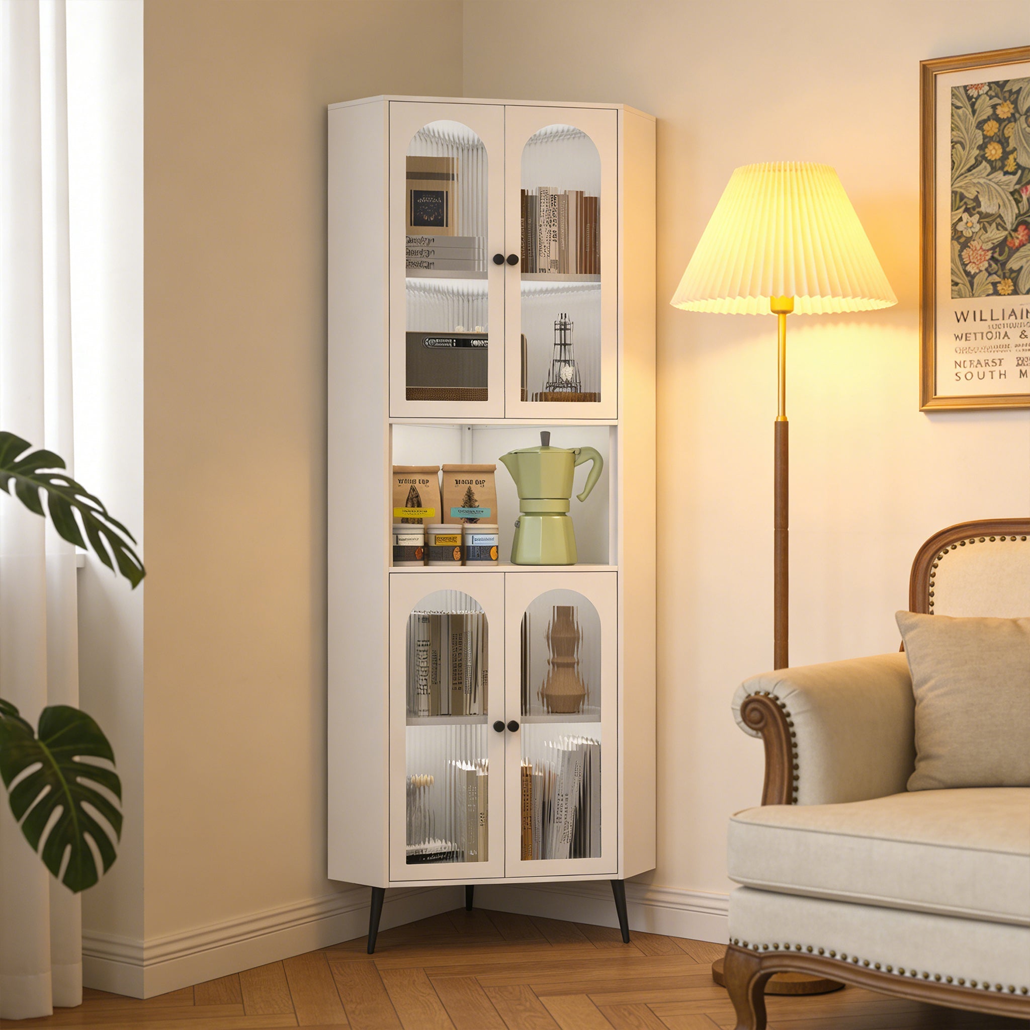 White 73in Corner Storage Cabinet Metal with Doors Adjustable Shelves Space-Saving
