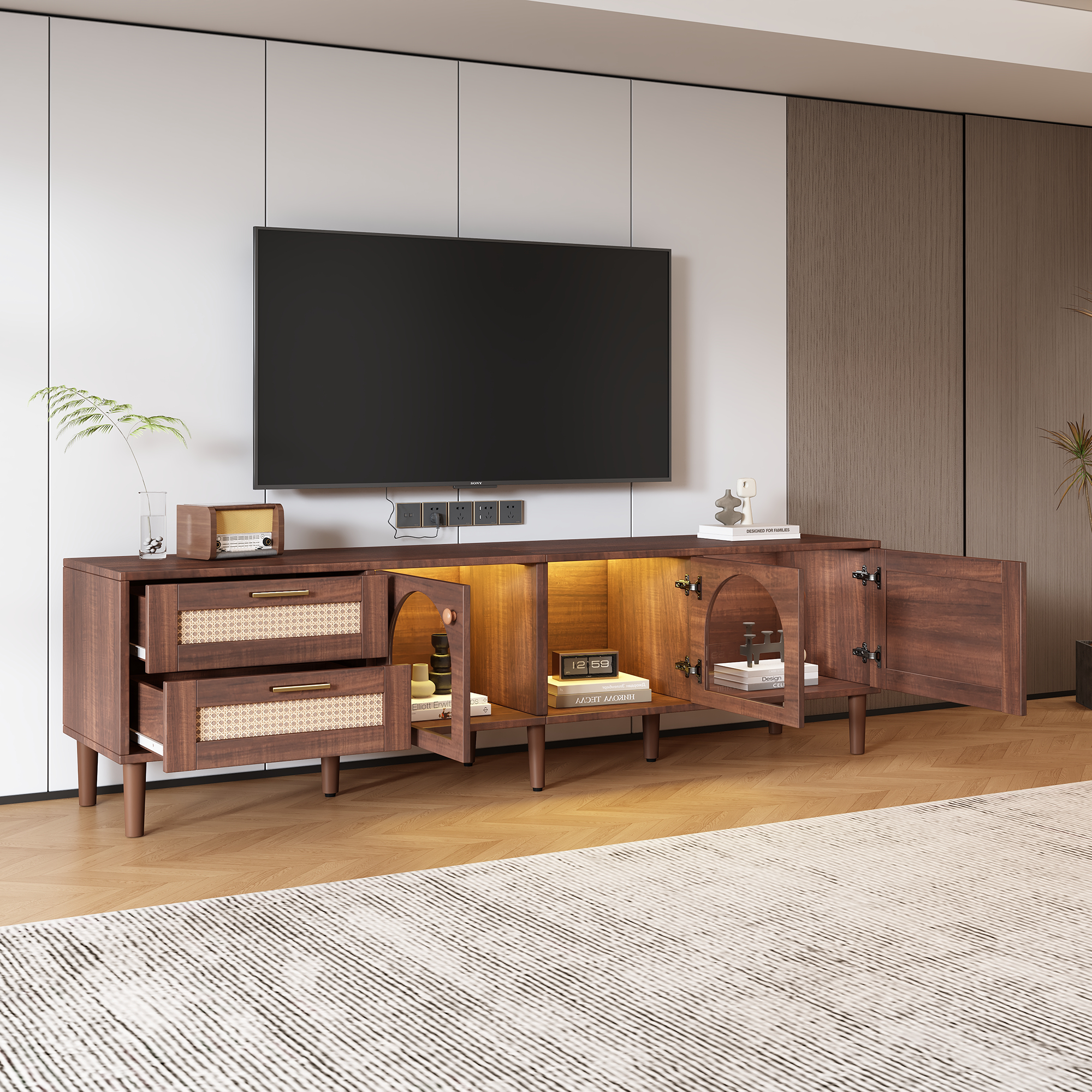 70" Rattan LED Light Entertainment TV Stand