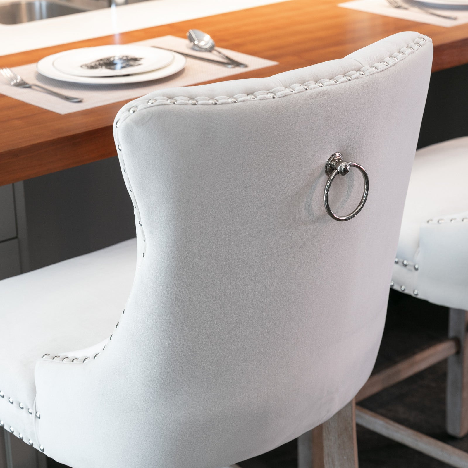 Contemporary Velvet Upholstered Barstools with Button Tufted Decoration (Set of 2)