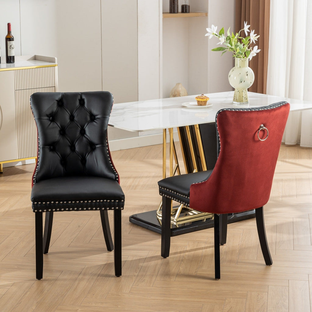 Tufted Solid Wood PU Upholstered Dining Chair with Wood Legs (Set of 2)