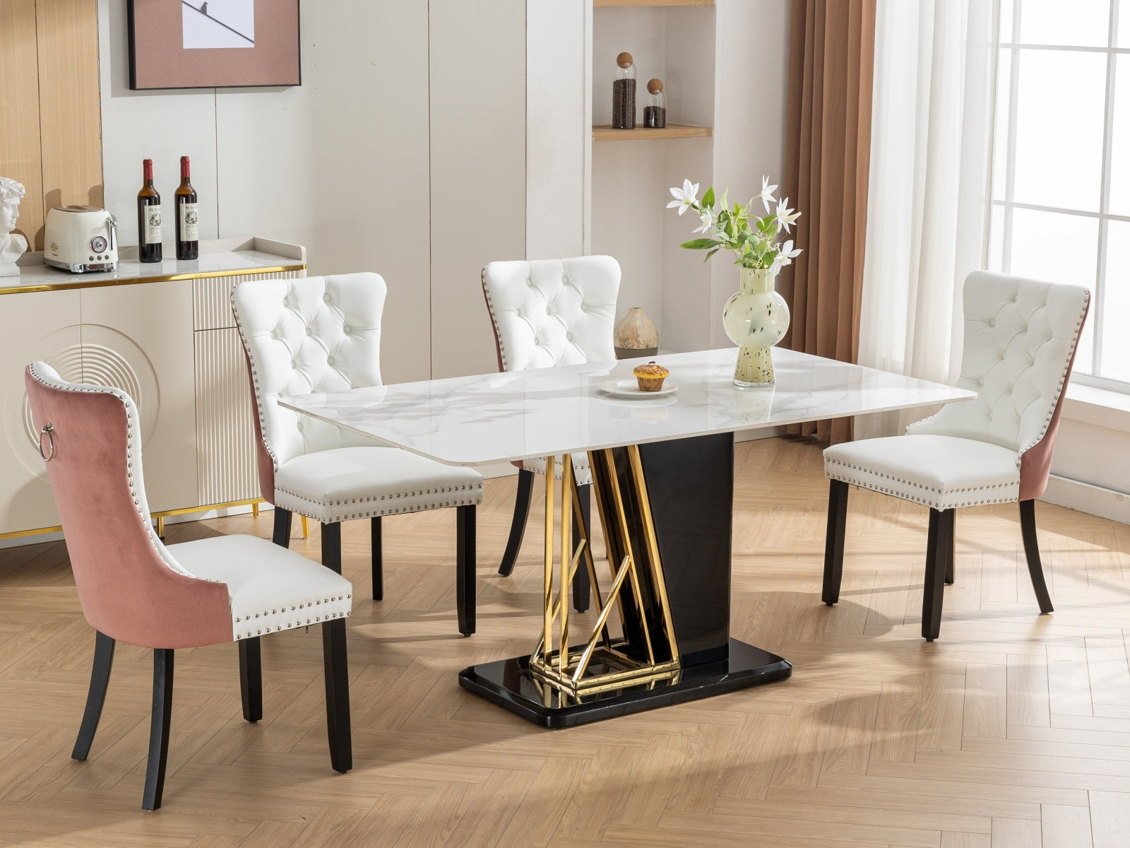 Tufted Solid Wood PU Upholstered Dining Chair with Wood Legs (Set of 2)