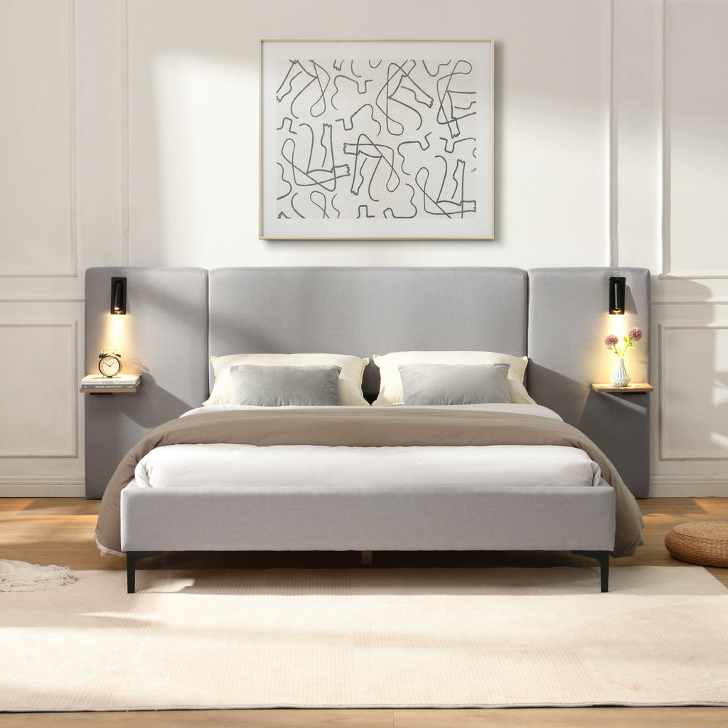 Chic Linen Upholstered Bed with Integrated Lights and Shelves