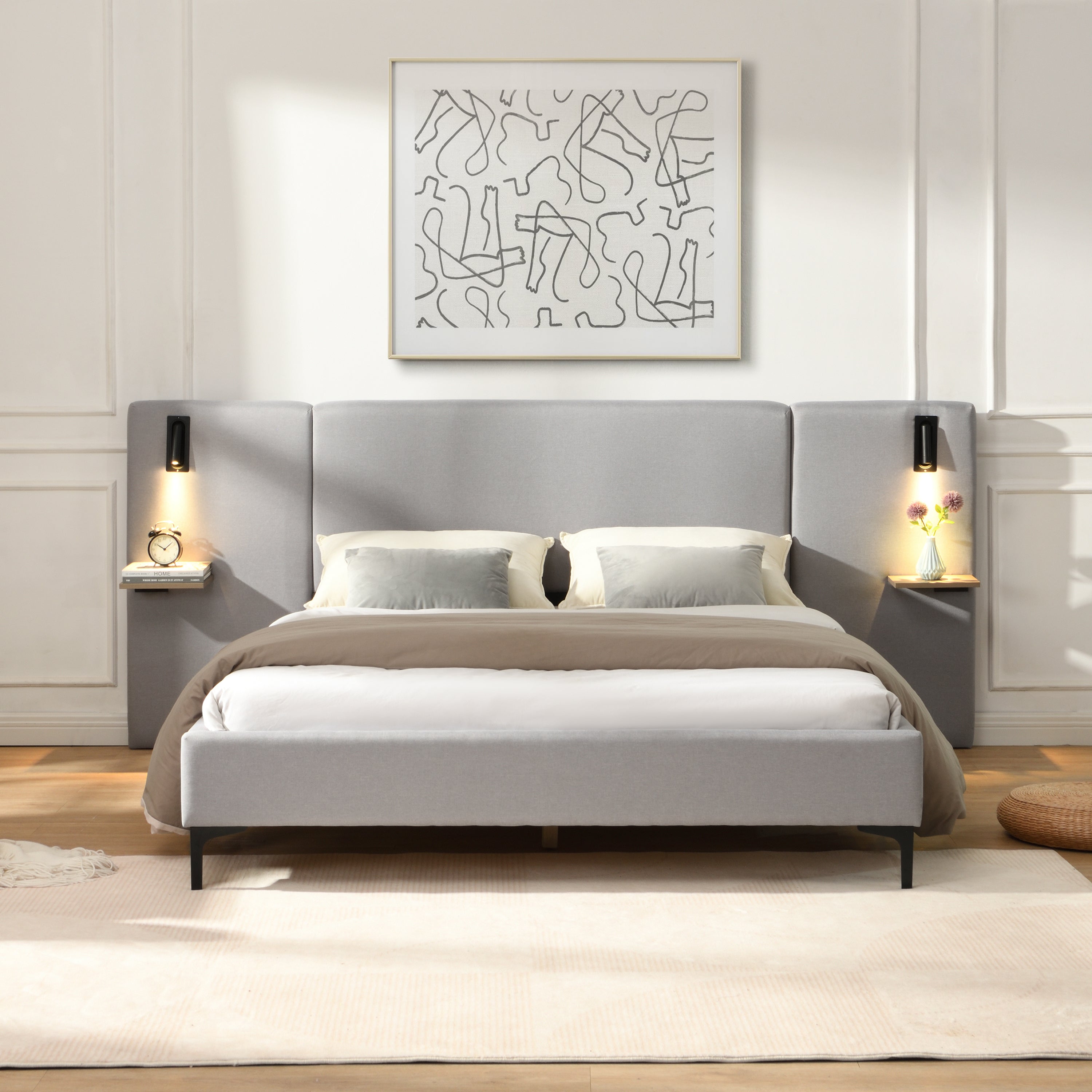 Chic Linen Upholstered Bed with Integrated Lights and Shelves