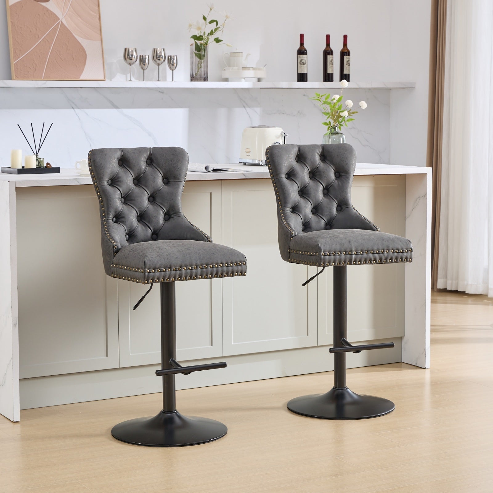 Aged and Retro PU Swivel Barstools Adjusatble Seat Height (Set of 2)