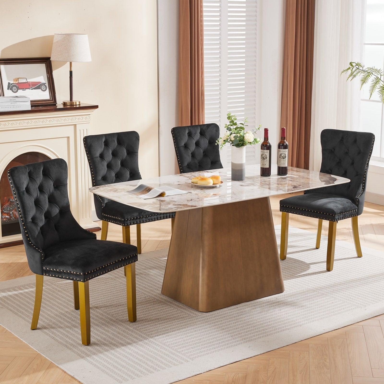 Mid-Century Velvet Dining Chairs with Lion Head Pull Ring (Set of 2)