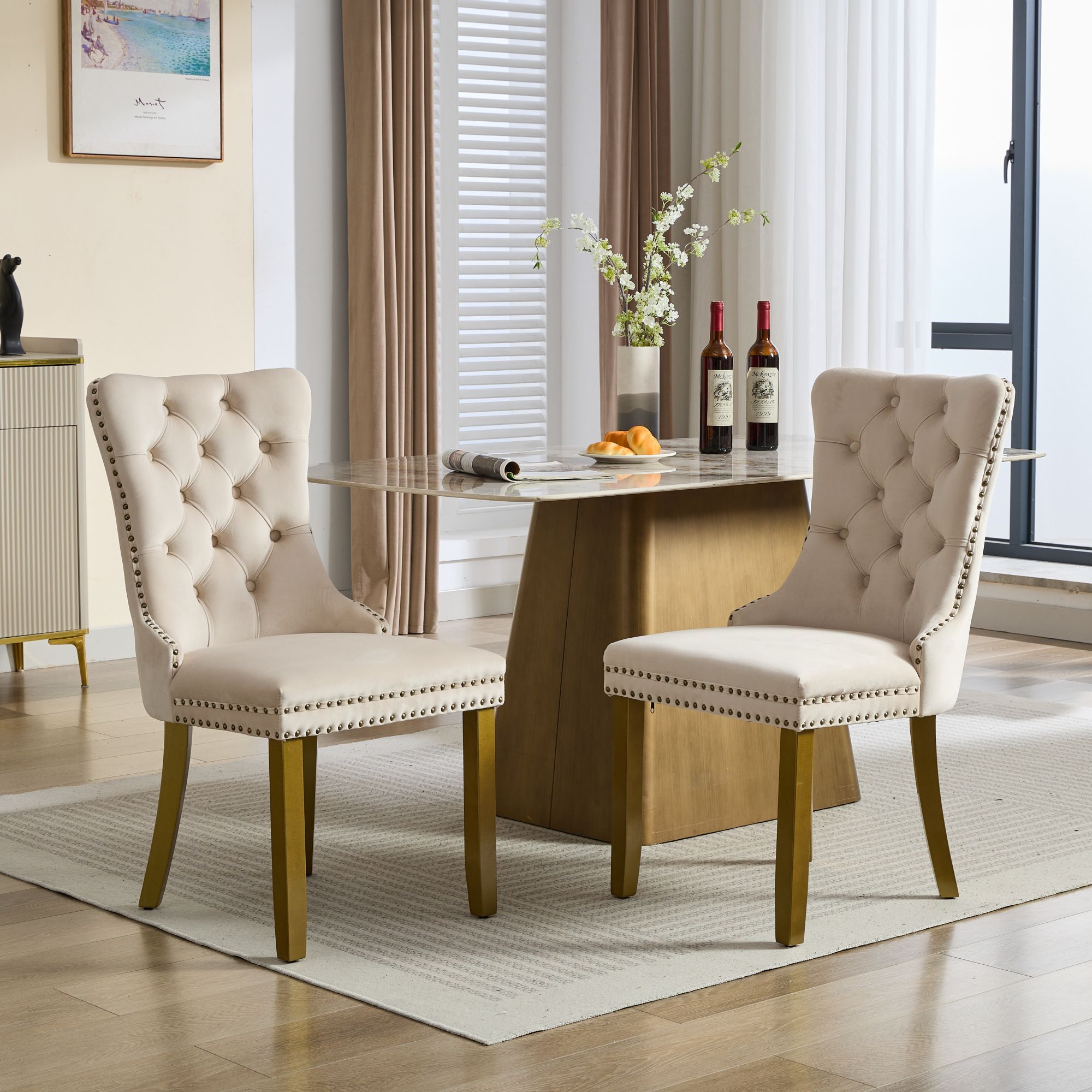 Mid-Century Velvet Dining Chairs with Lion Head Pull Ring (Set of 2)