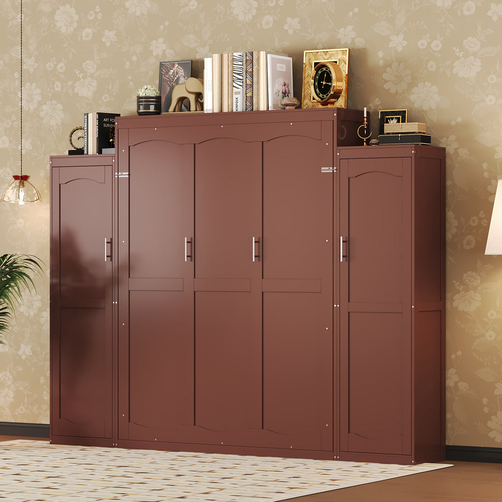 Wooden Queen Wall Bed with 2 Wardrobe and Storage Shelf
