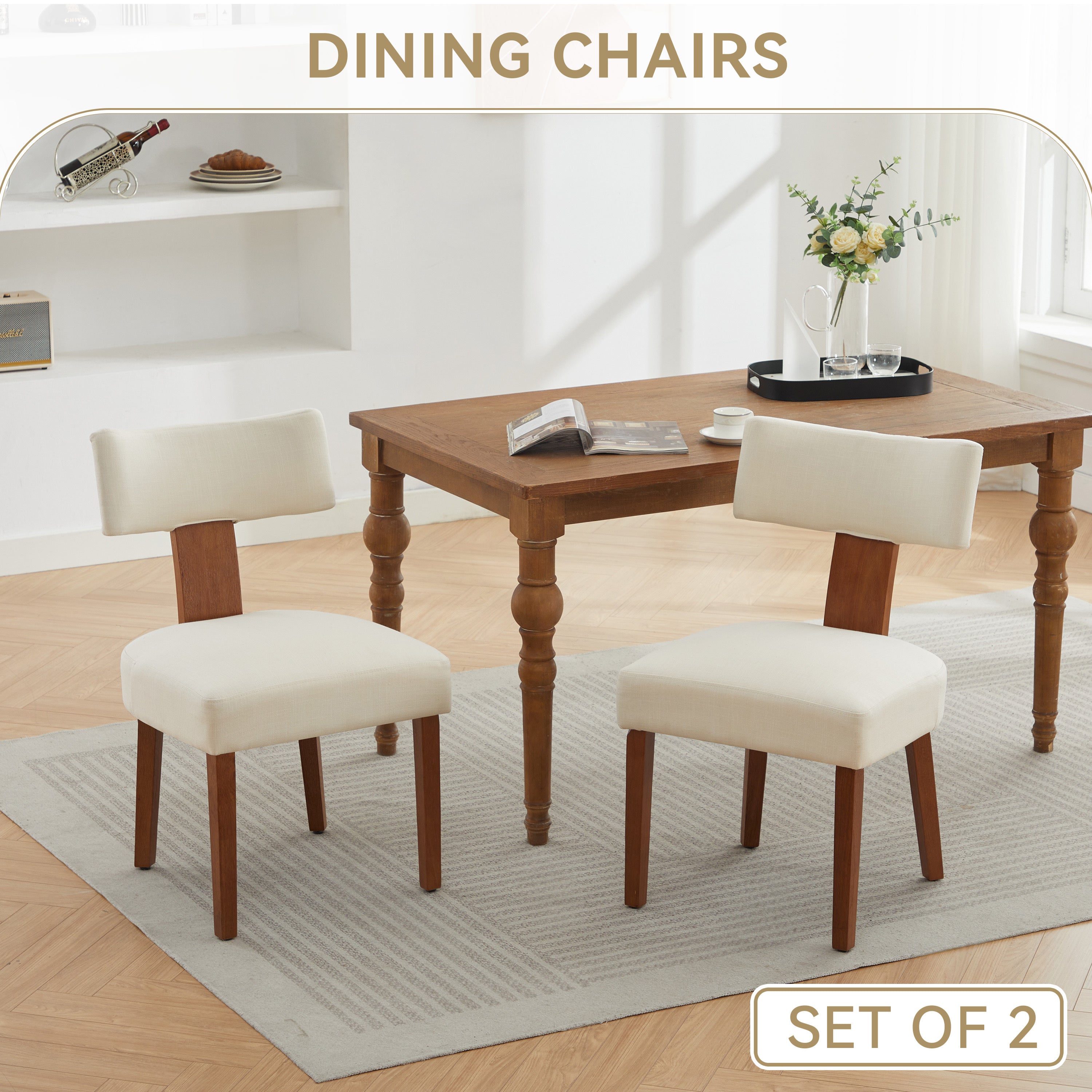 2Pcs  Modern Armless Dining Chairs With Curved Wingback and Solid Wooden Legs