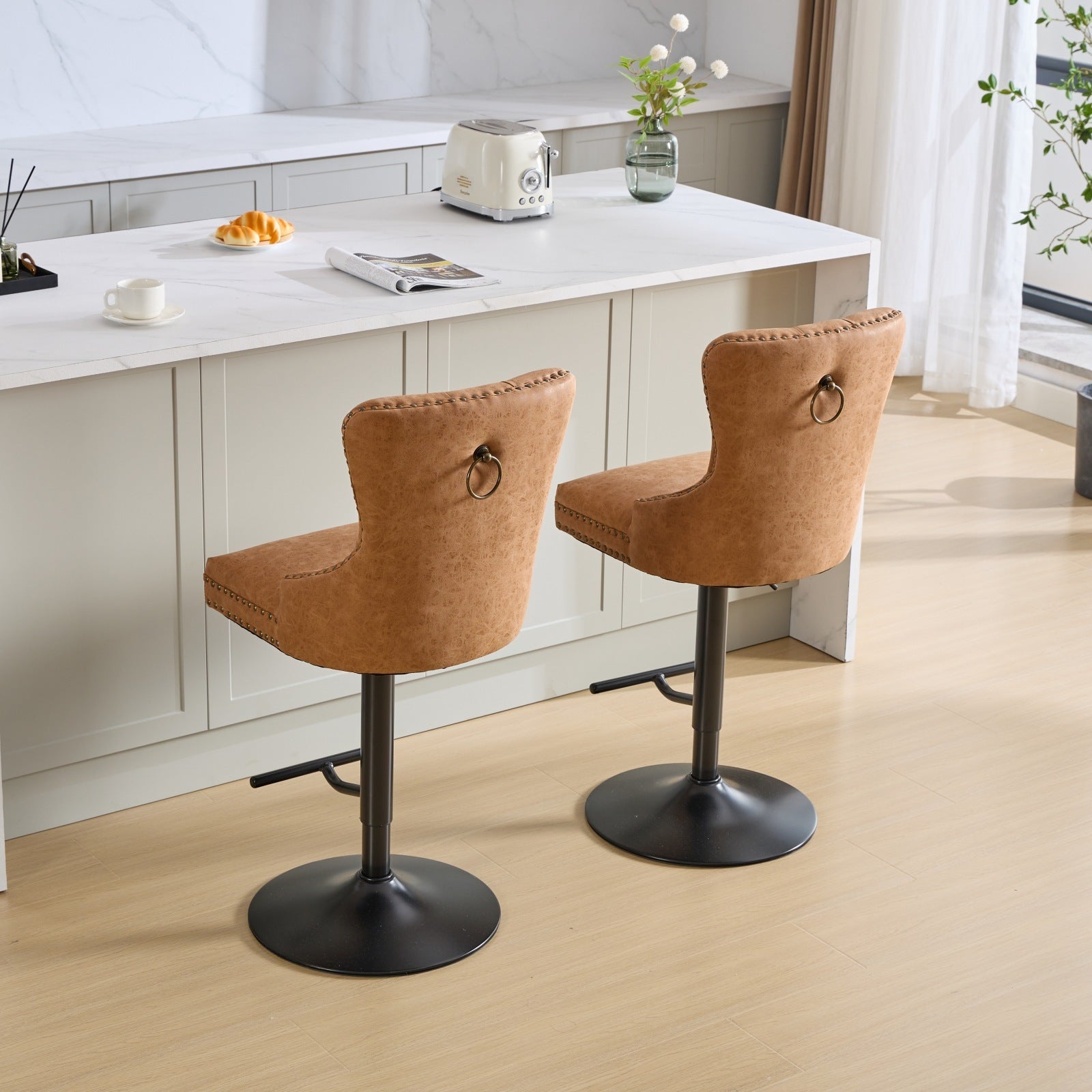 Aged and Retro PU Swivel Barstools Adjusatble Seat Height (Set of 2)